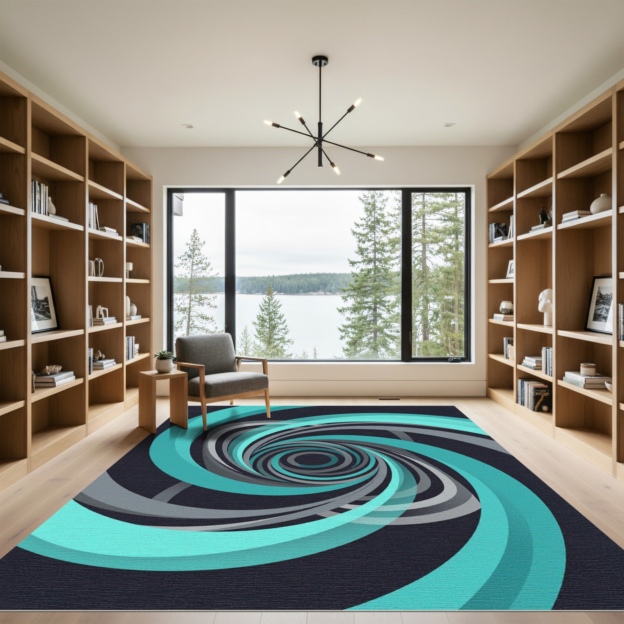 Modern Teal and Gray Swirling Vortex Rug