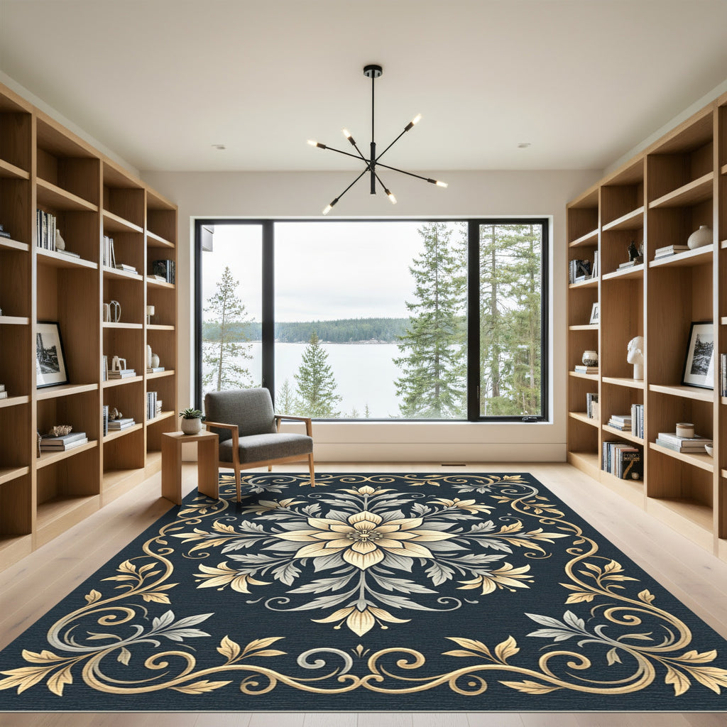 Elegant Golden Floral Scrollwork Rug