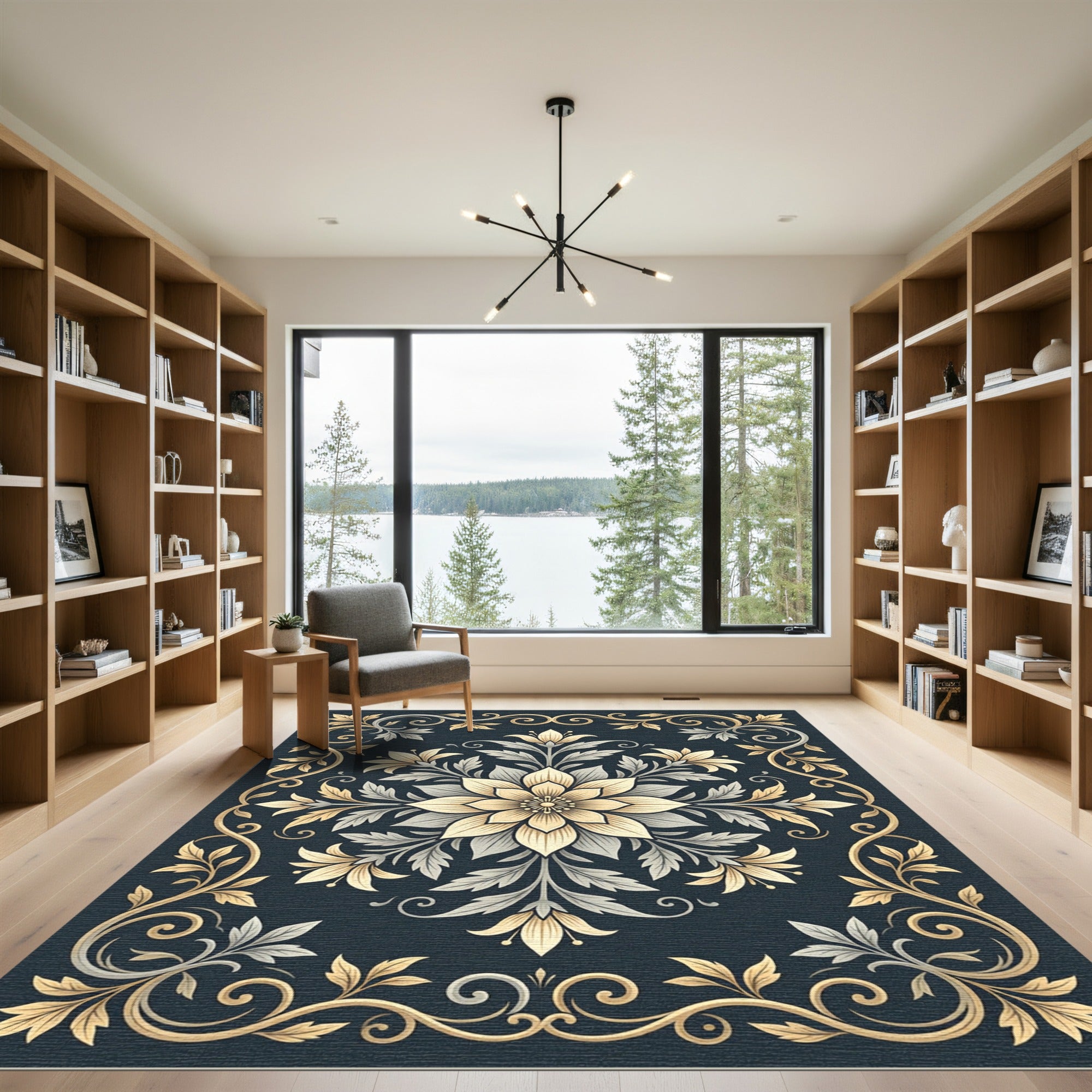 Elegant Golden Floral Scrollwork Rug