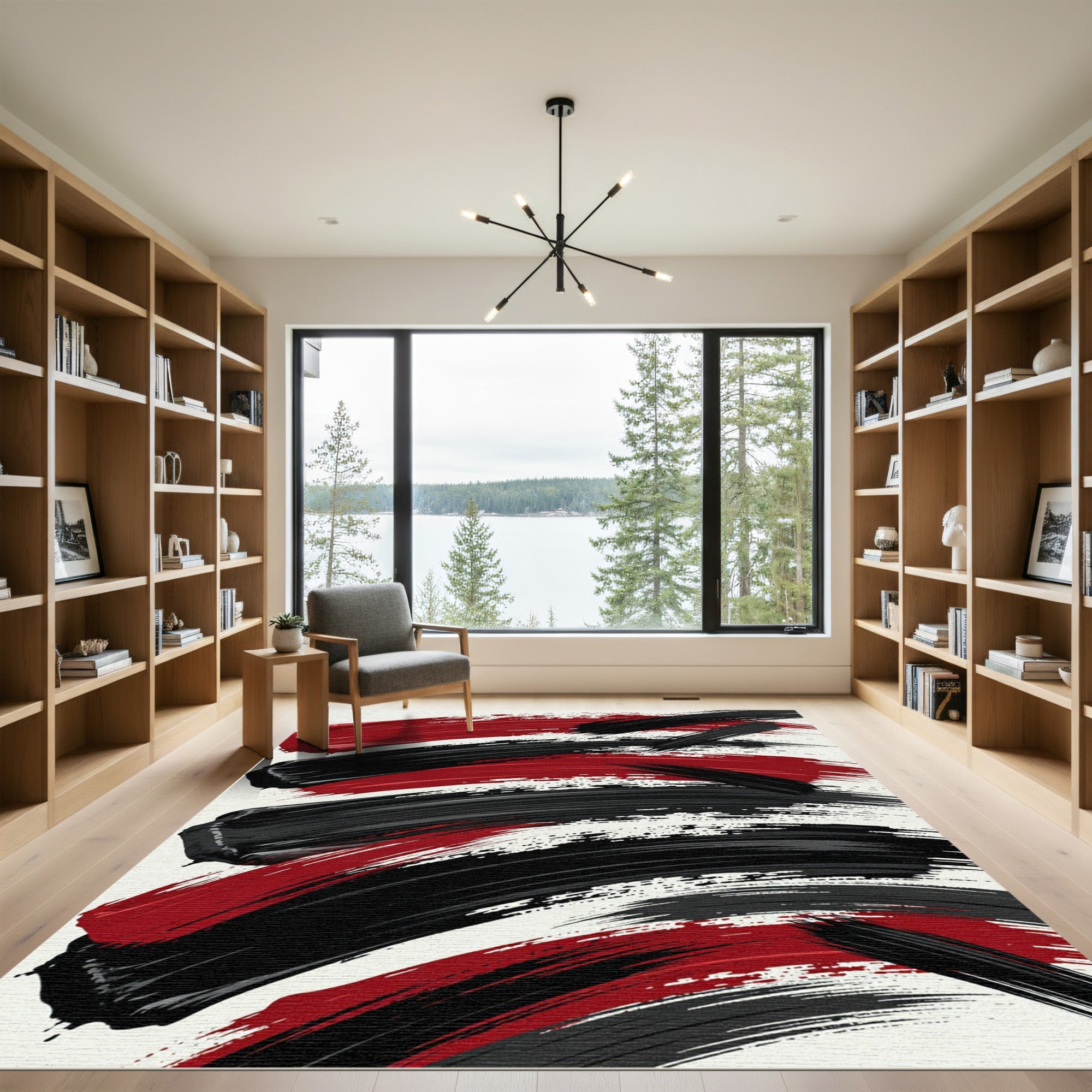 Bold Red Black Brush Stroke Rug