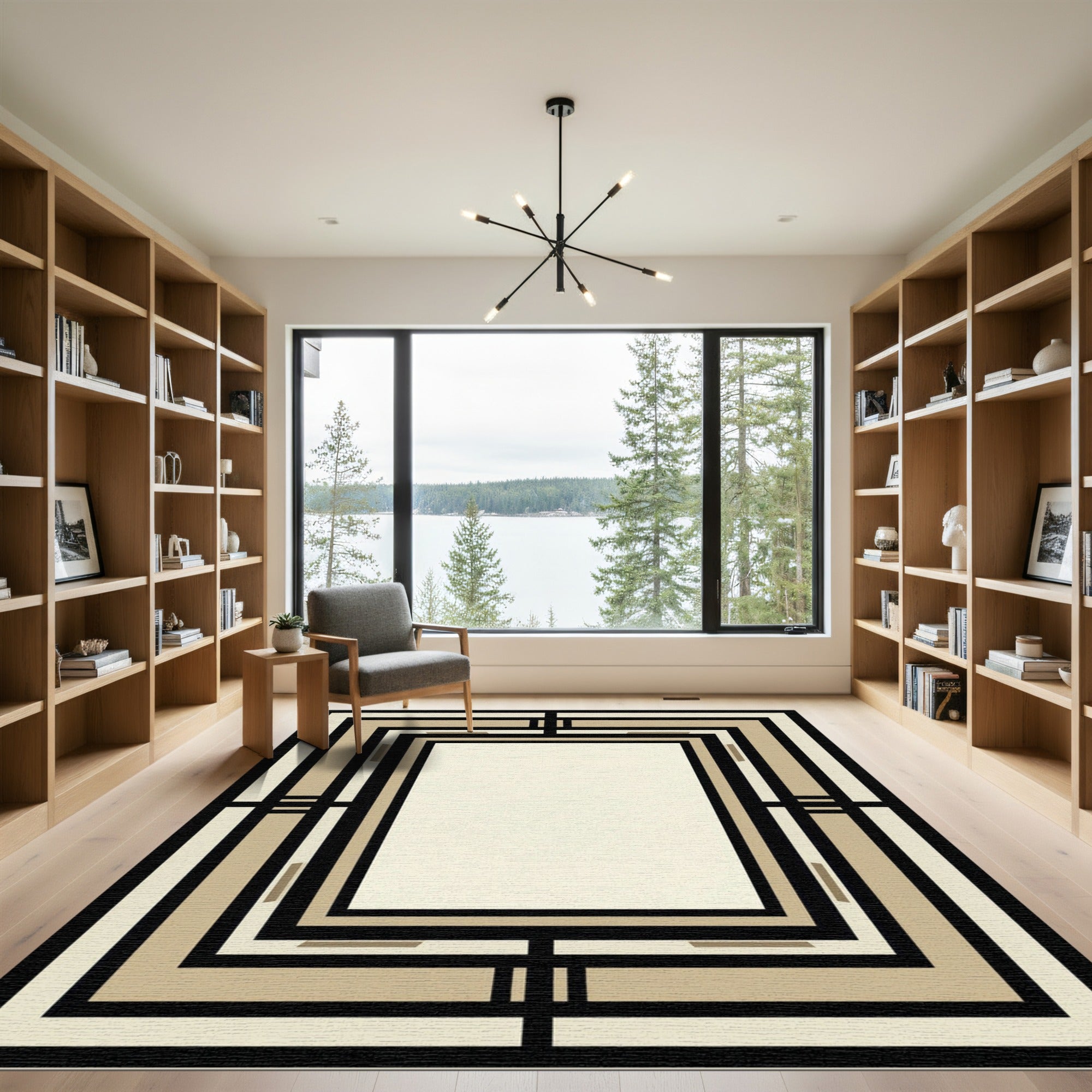 Art Deco Black Cream Geometric Frame Rug