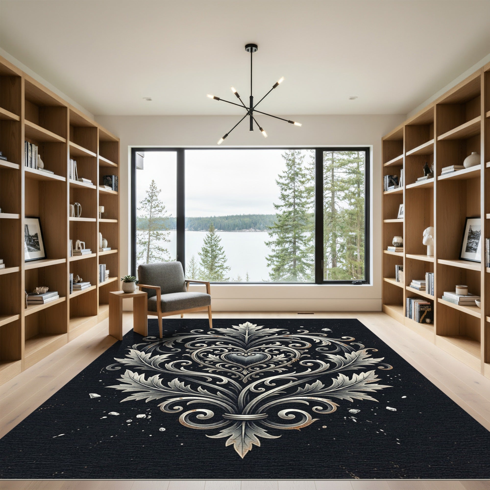 Ornate Silver Filigree Heart Damask Rug
