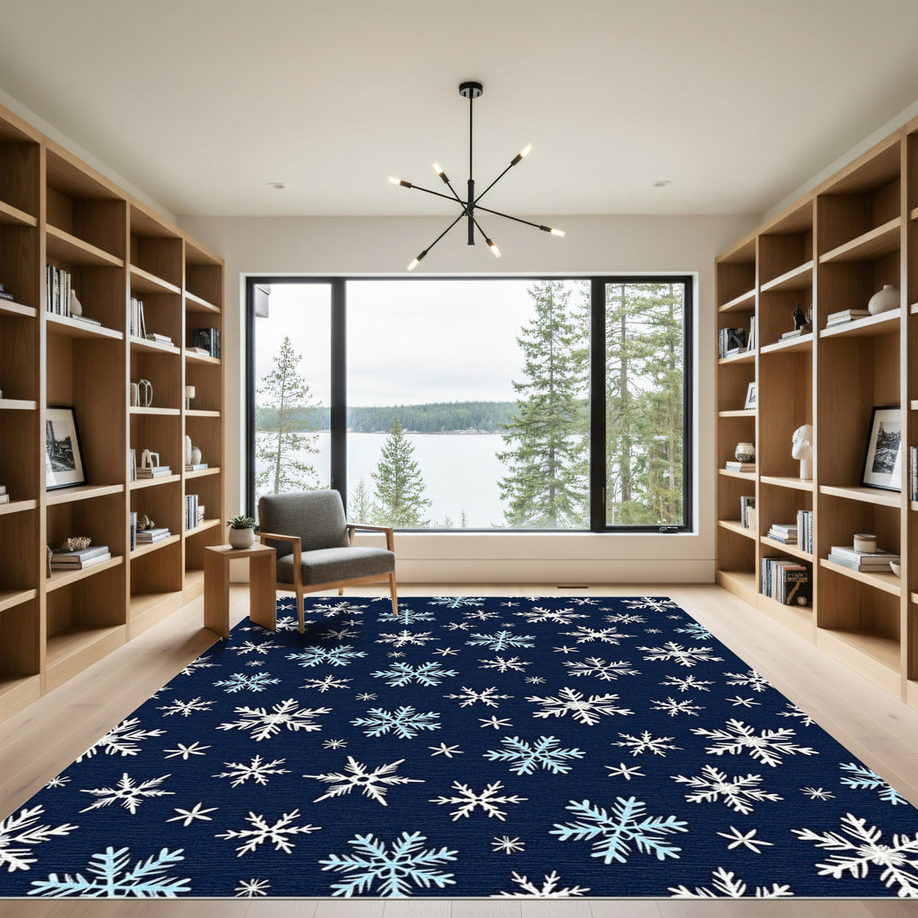 Navy Blue Snowflake Scattered Cluster Rug