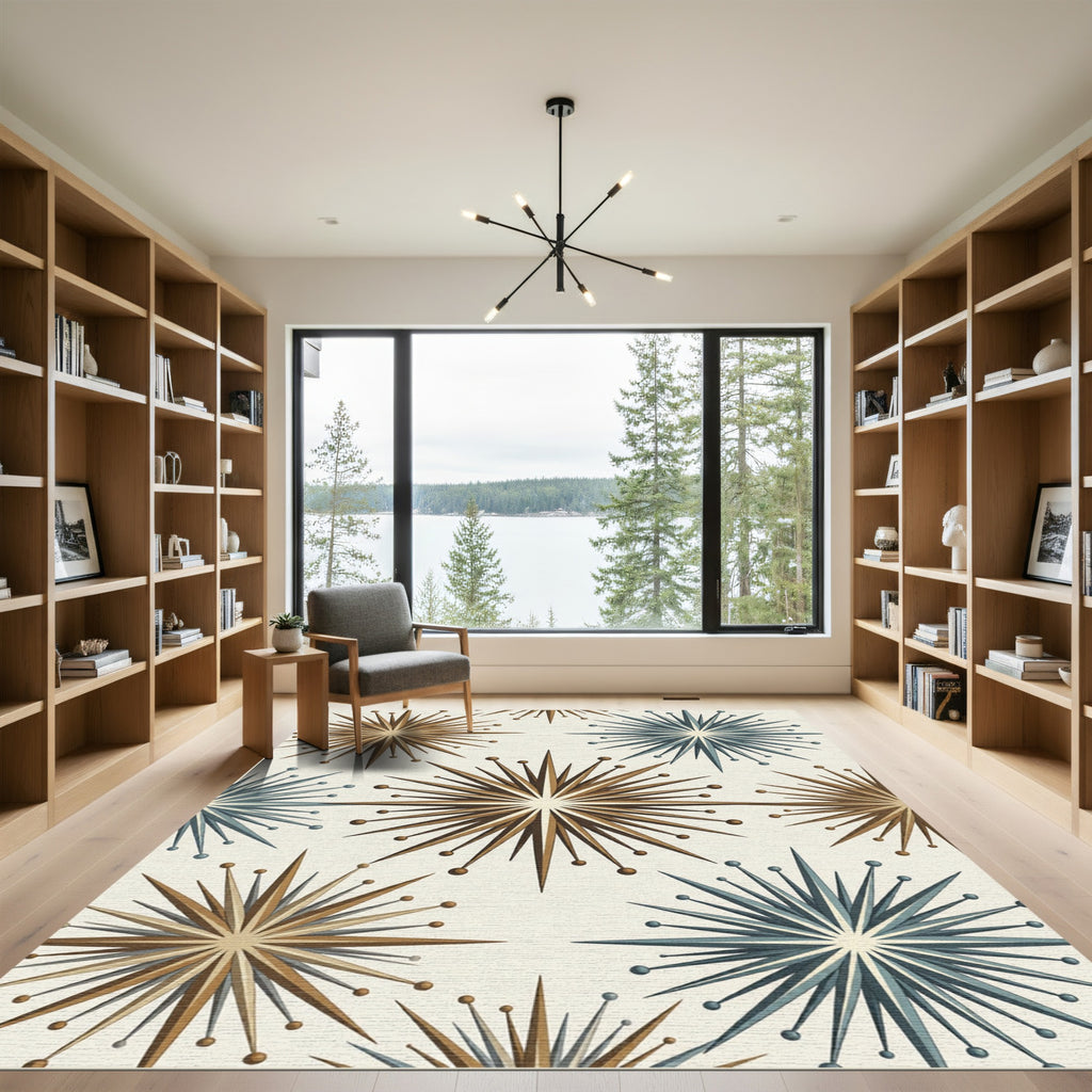 Brown Blue Starburst Mid Century Modern Rug