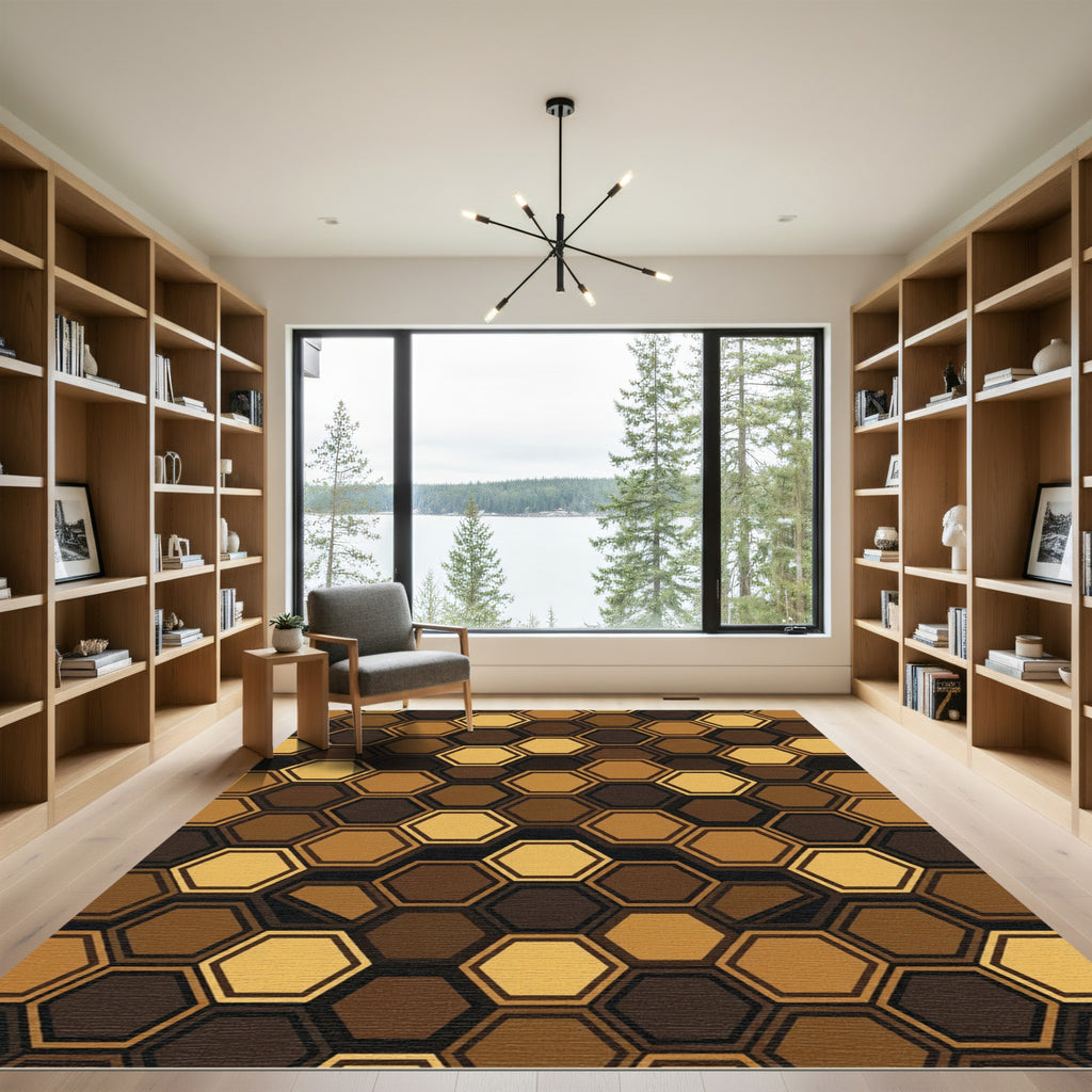 Golden Brown Hexagon Geometric Rug