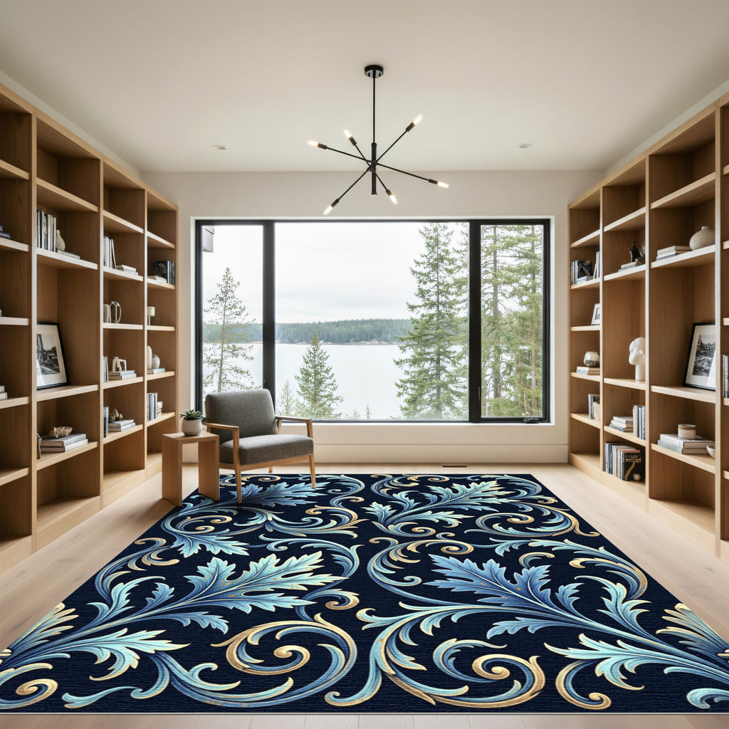 Azure Gold Swirling Leaf Flourish Rug