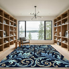 Azure Gold Swirling Leaf Flourish Rug