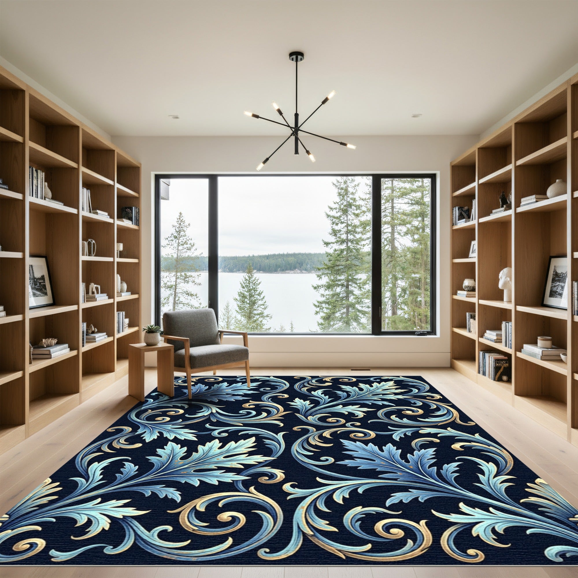 Azure Gold Swirling Leaf Flourish Rug