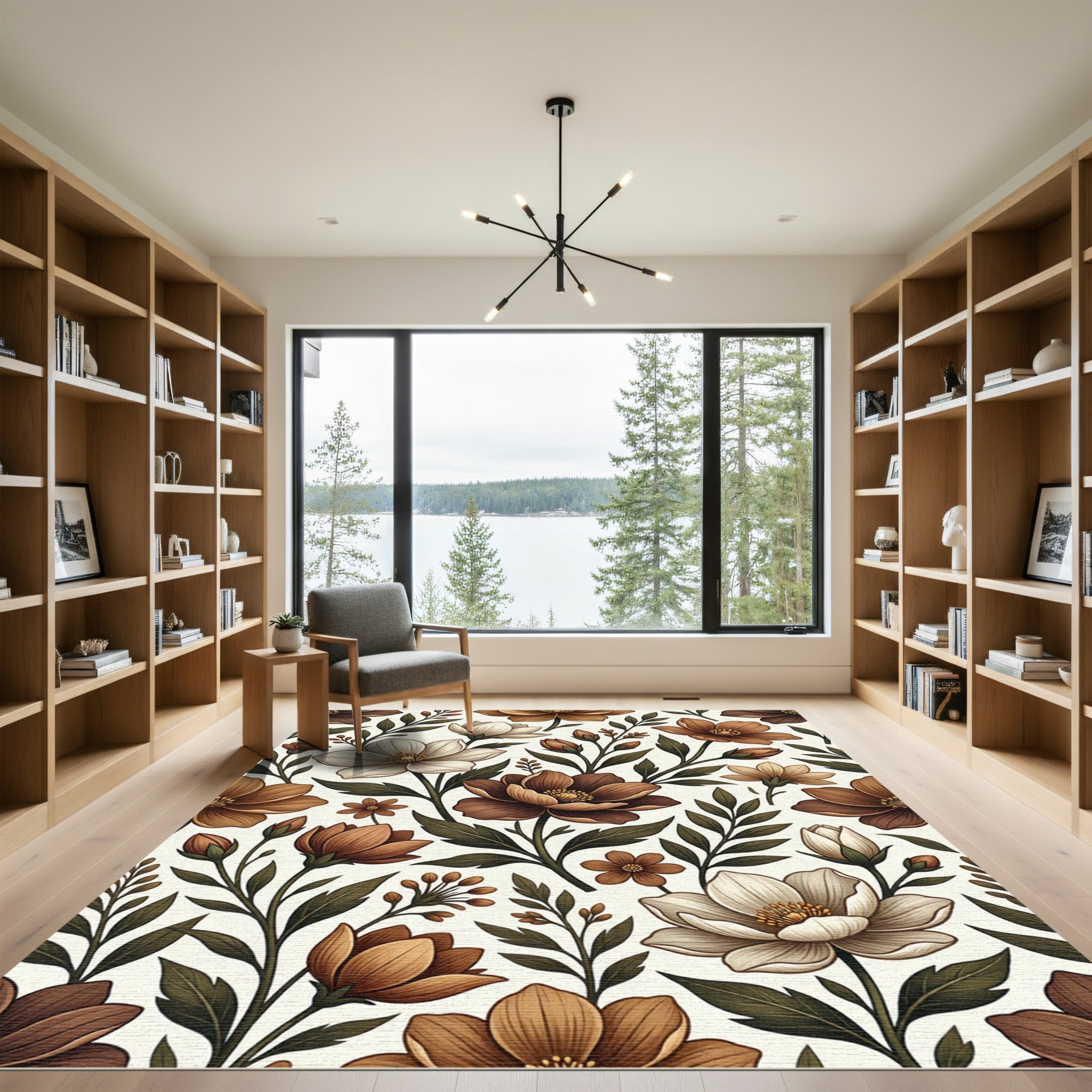 Rich Bronze Floral Botanical Arrangement Rug