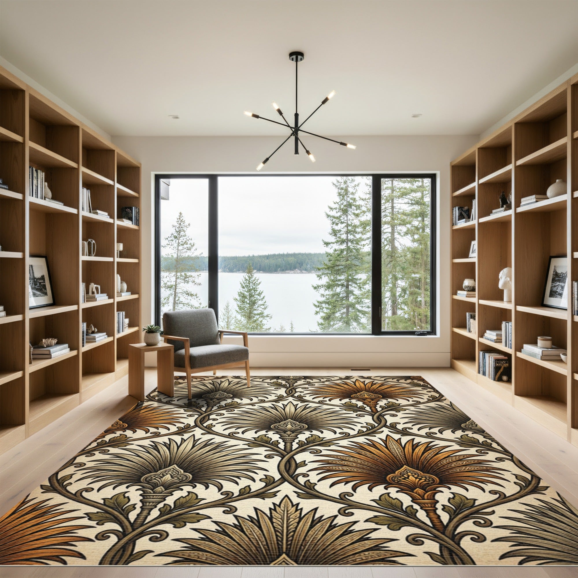 Vintage Metallic Gold Palm Leaf Damask Rug