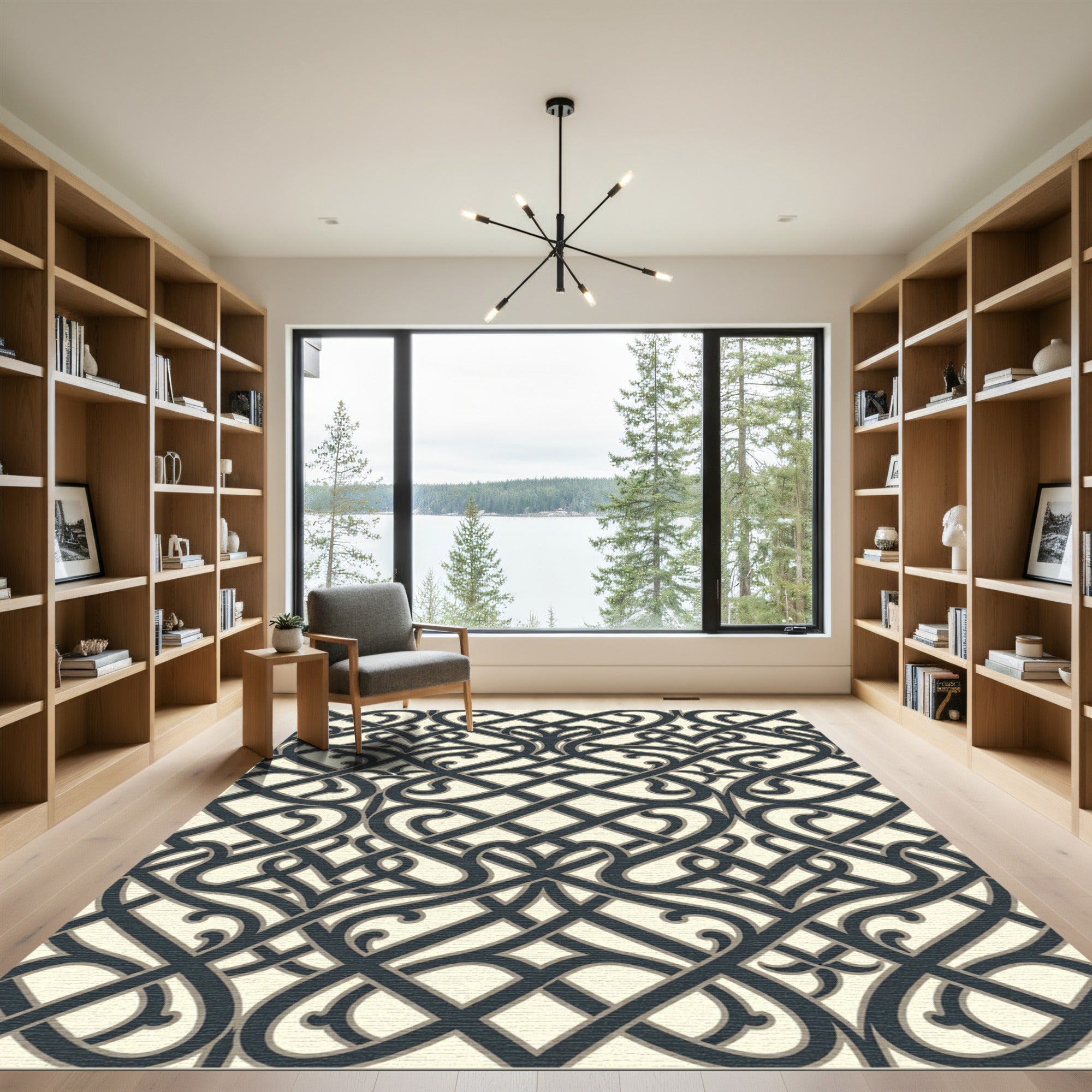 Intricate Dark Gray Interlocking Lattice Rug