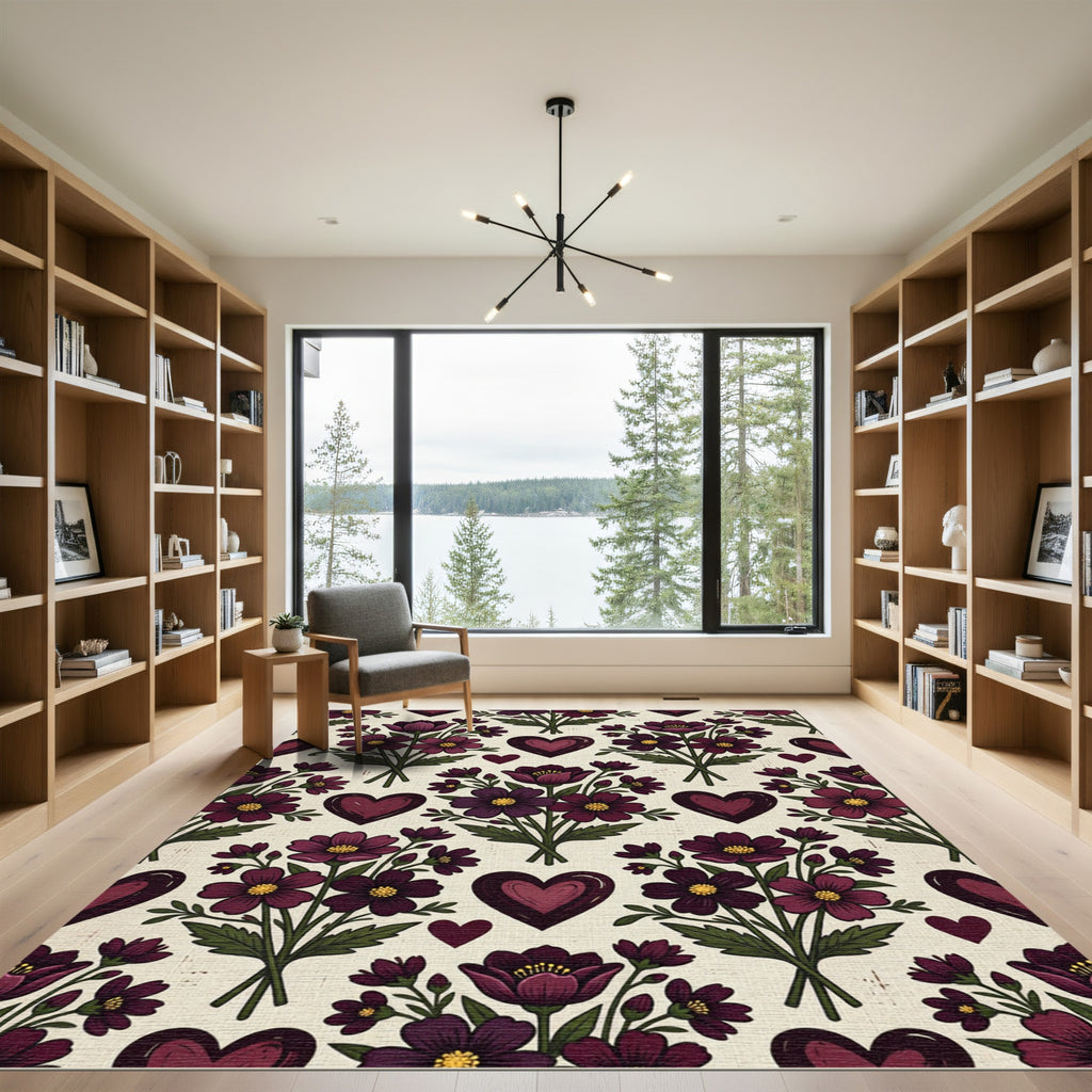 Deep Plum Floral Heart Bouquet Rug