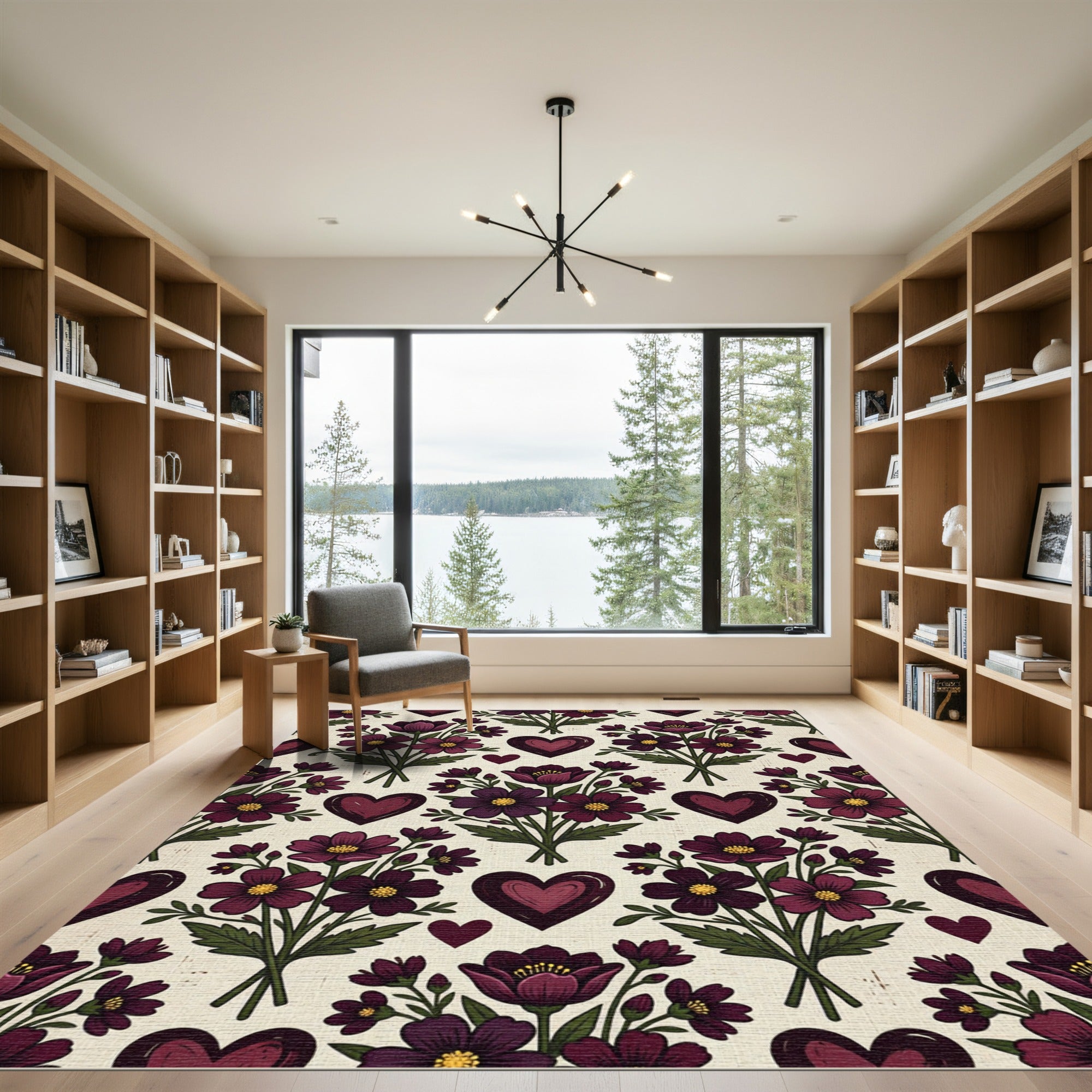 Deep Plum Floral Heart Bouquet Rug