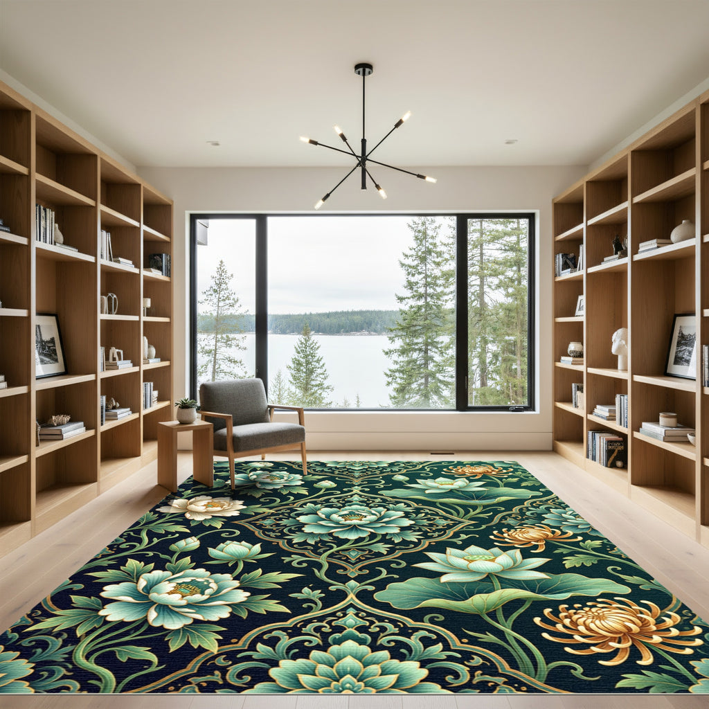 Deep Teal Floral Lotus Garden Rug
