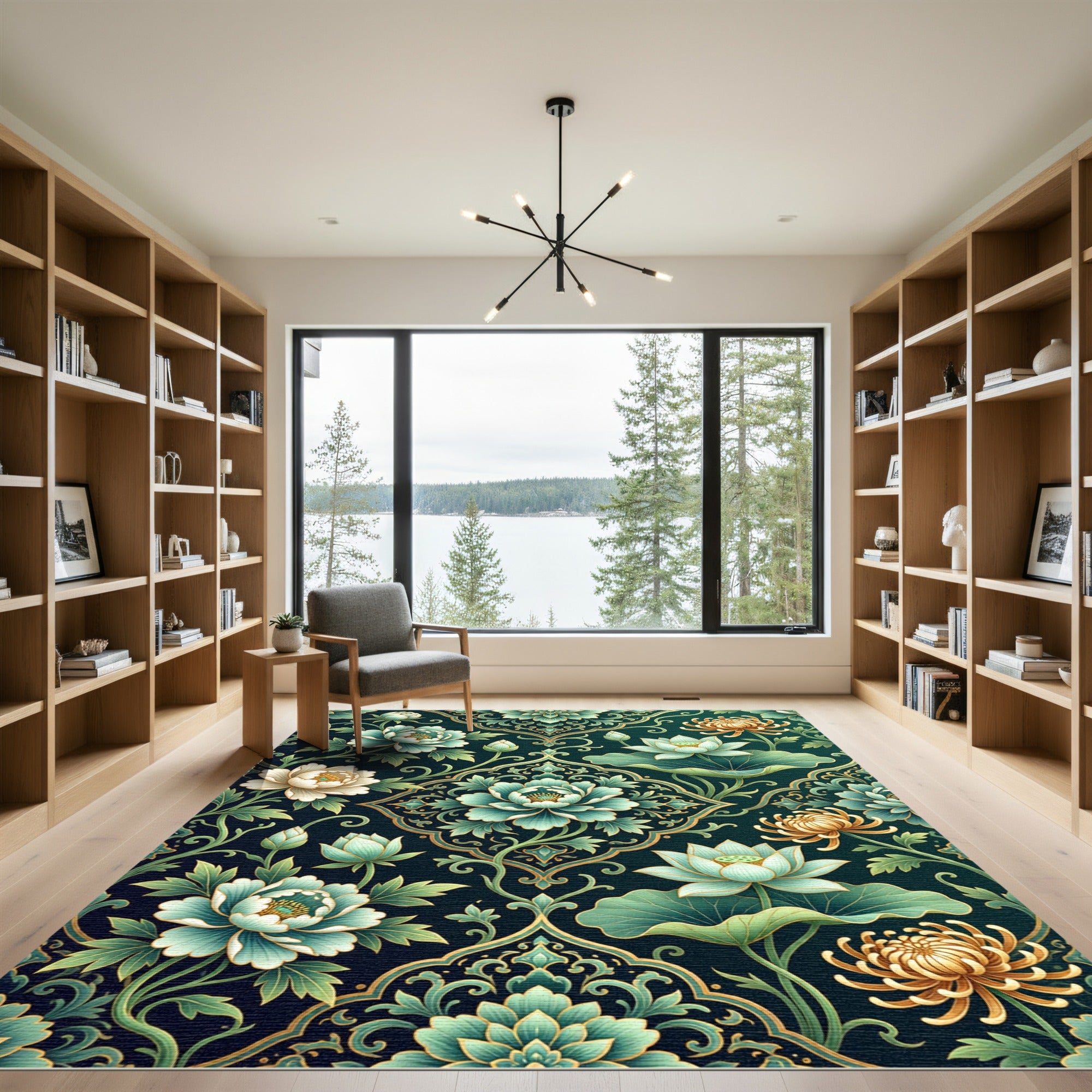 Deep Teal Floral Lotus Garden Rug