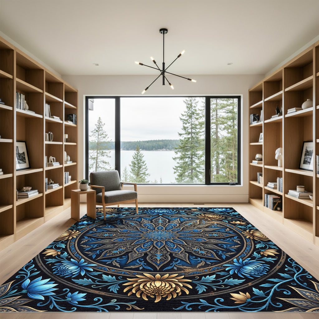 Intricate Blue and Gold Floral Mandala Rug