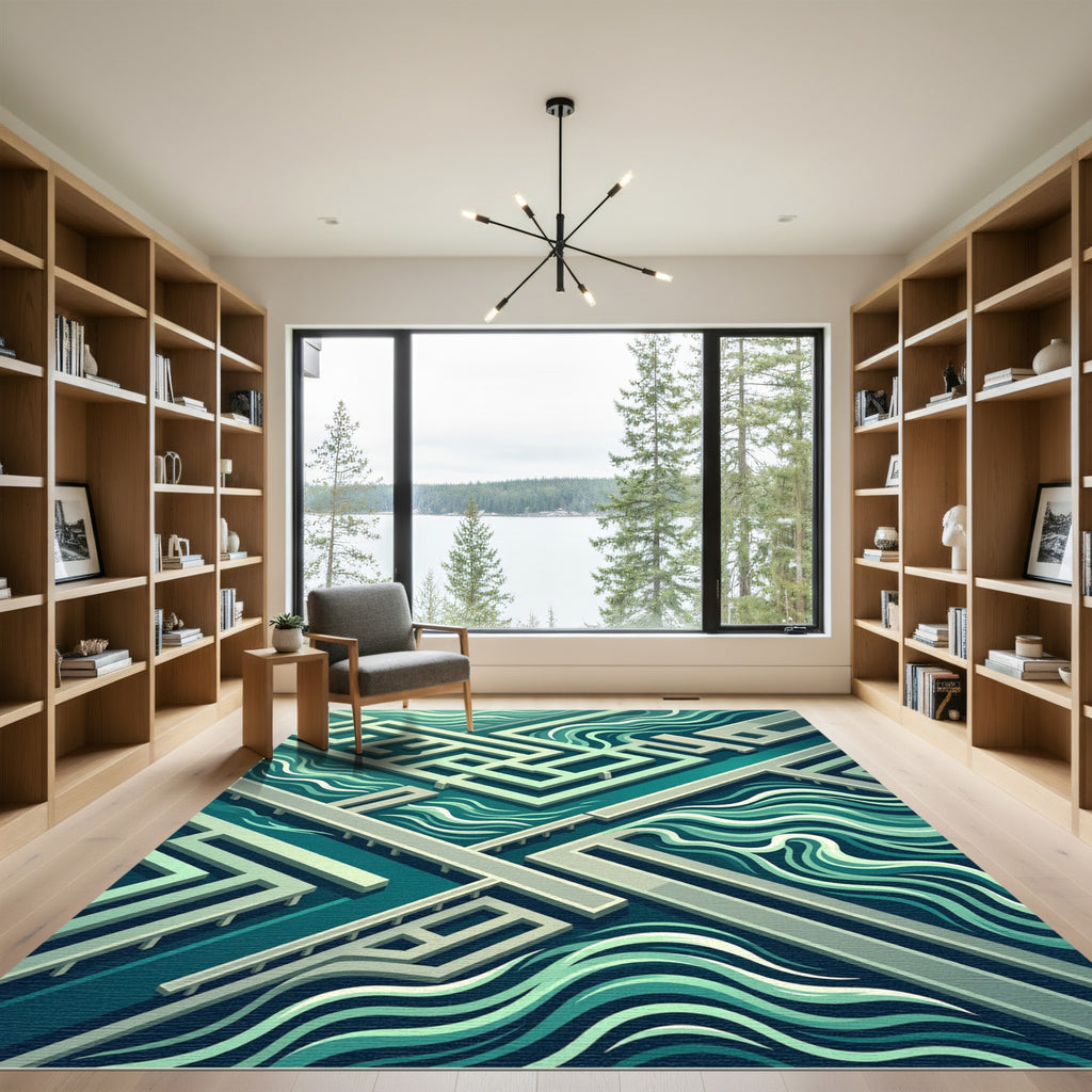 Isometric Teal Abstract Geometric Wave Rug