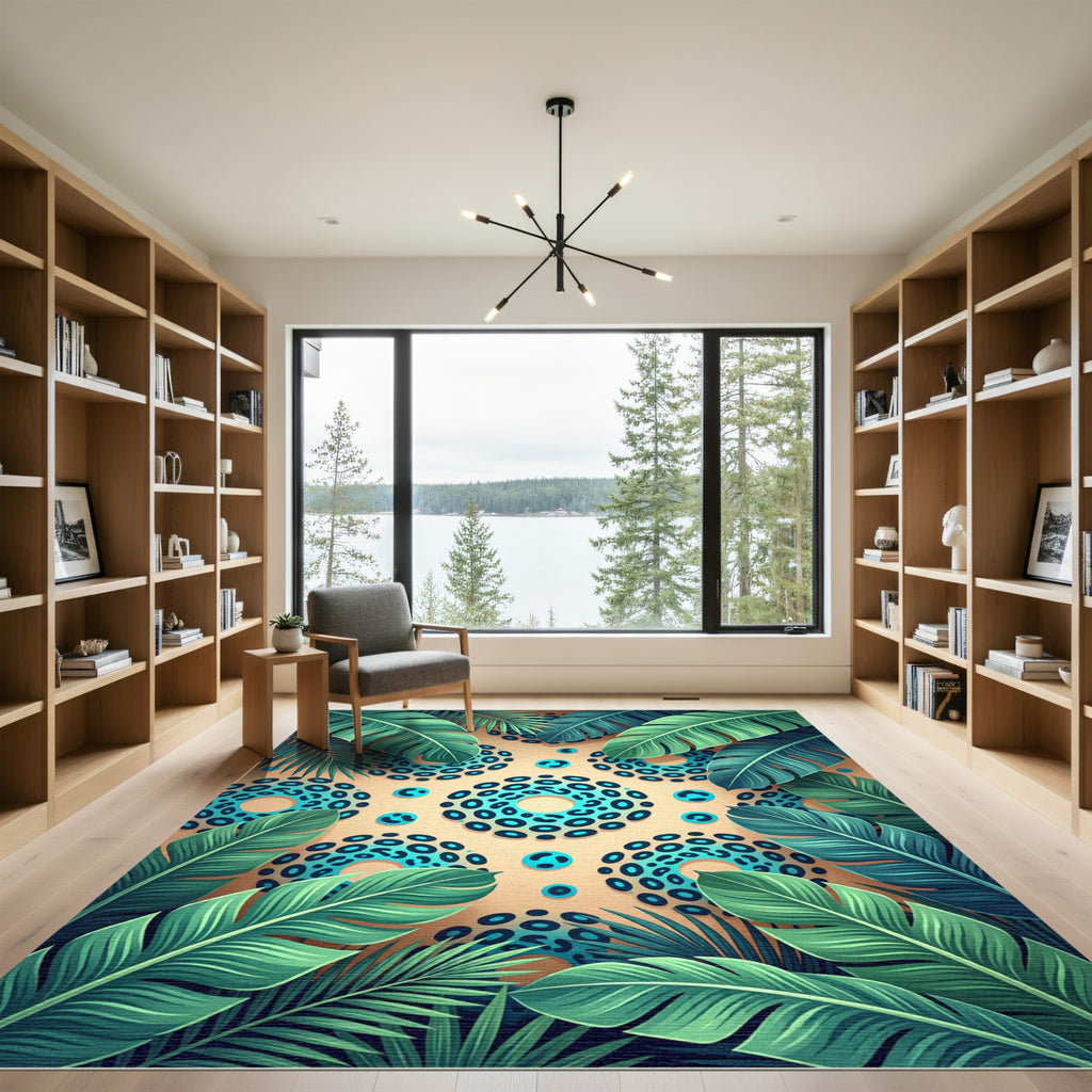 Teal Leopard Spot Tropical Leaf Rug