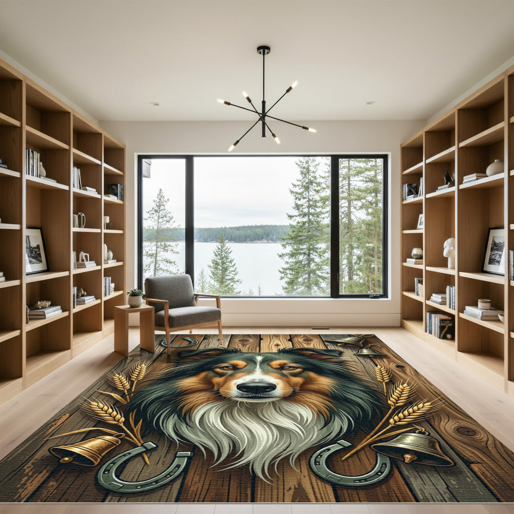 Rustic Collie Portrait with Golden Wheat Rug