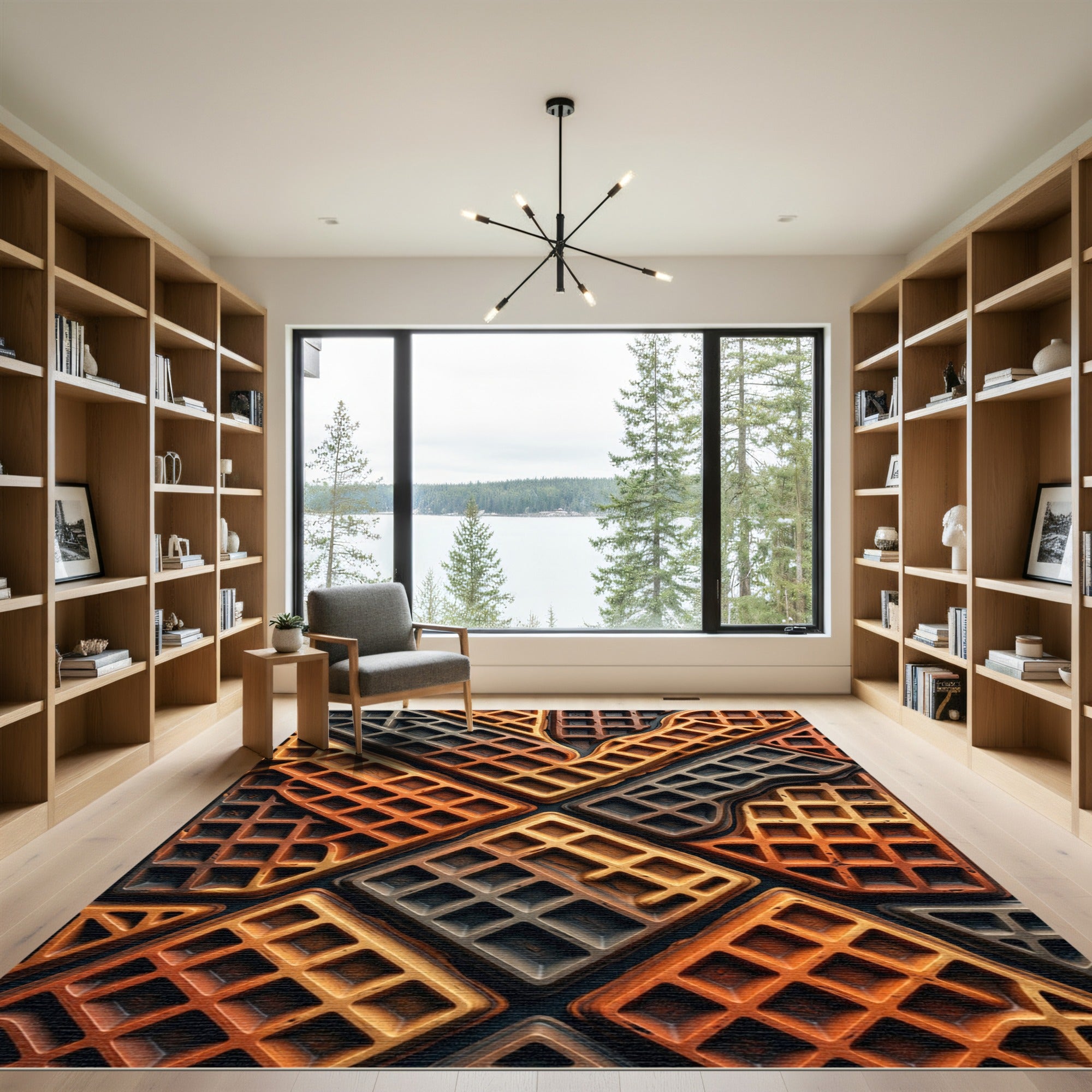 Golden Waffle Grid Geometric Accent Rug