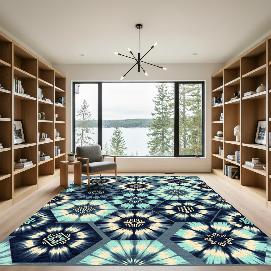 Teal Hexagonal Shibori Indigo Geometric Rug