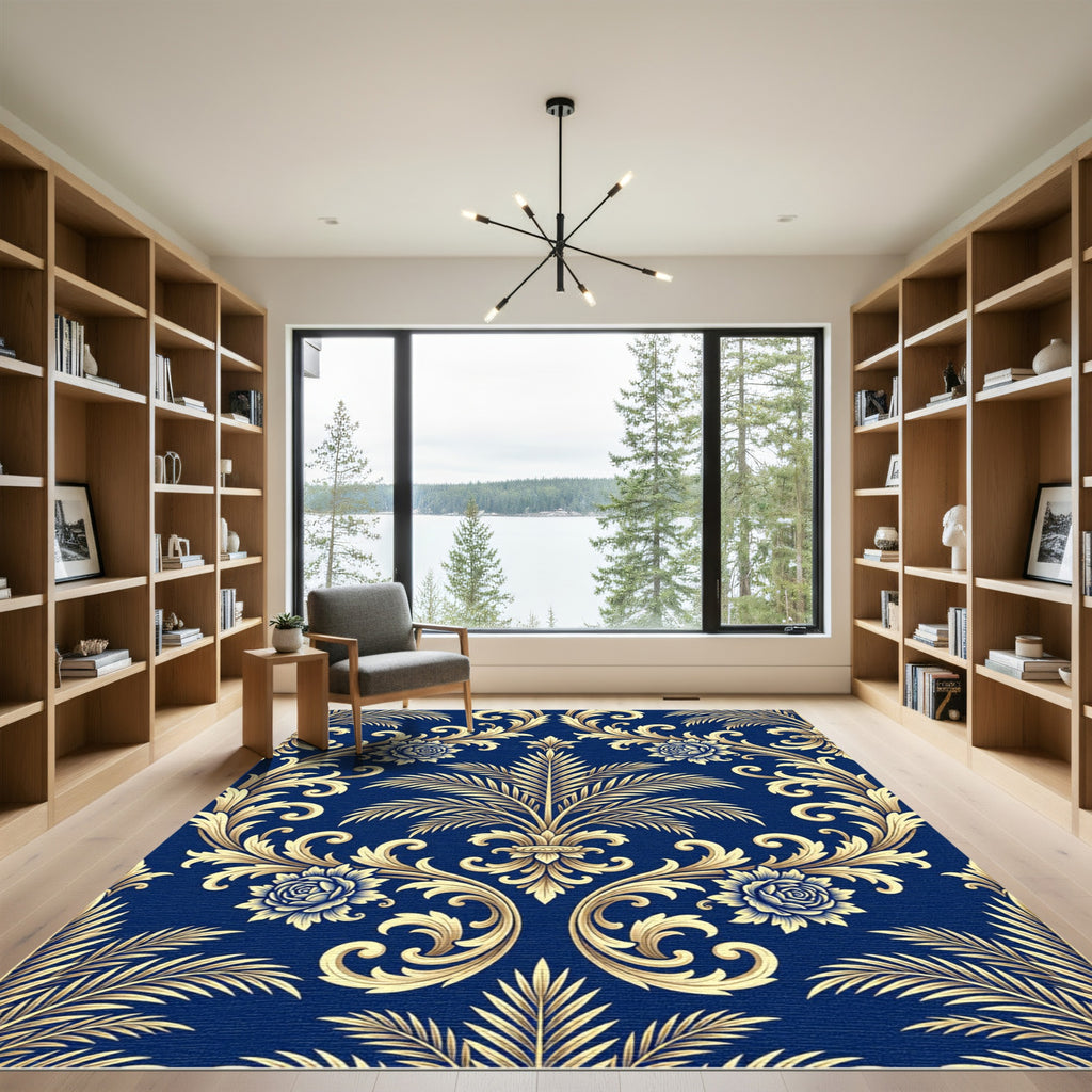 Royal Blue Golden Baroque Foliage Rug