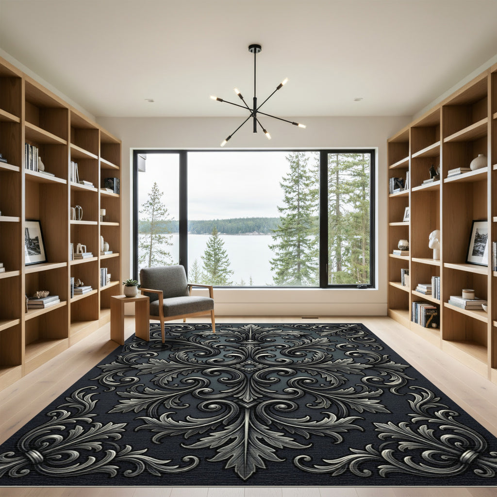 Ornate Silver Acanthus Scroll Work Rug
