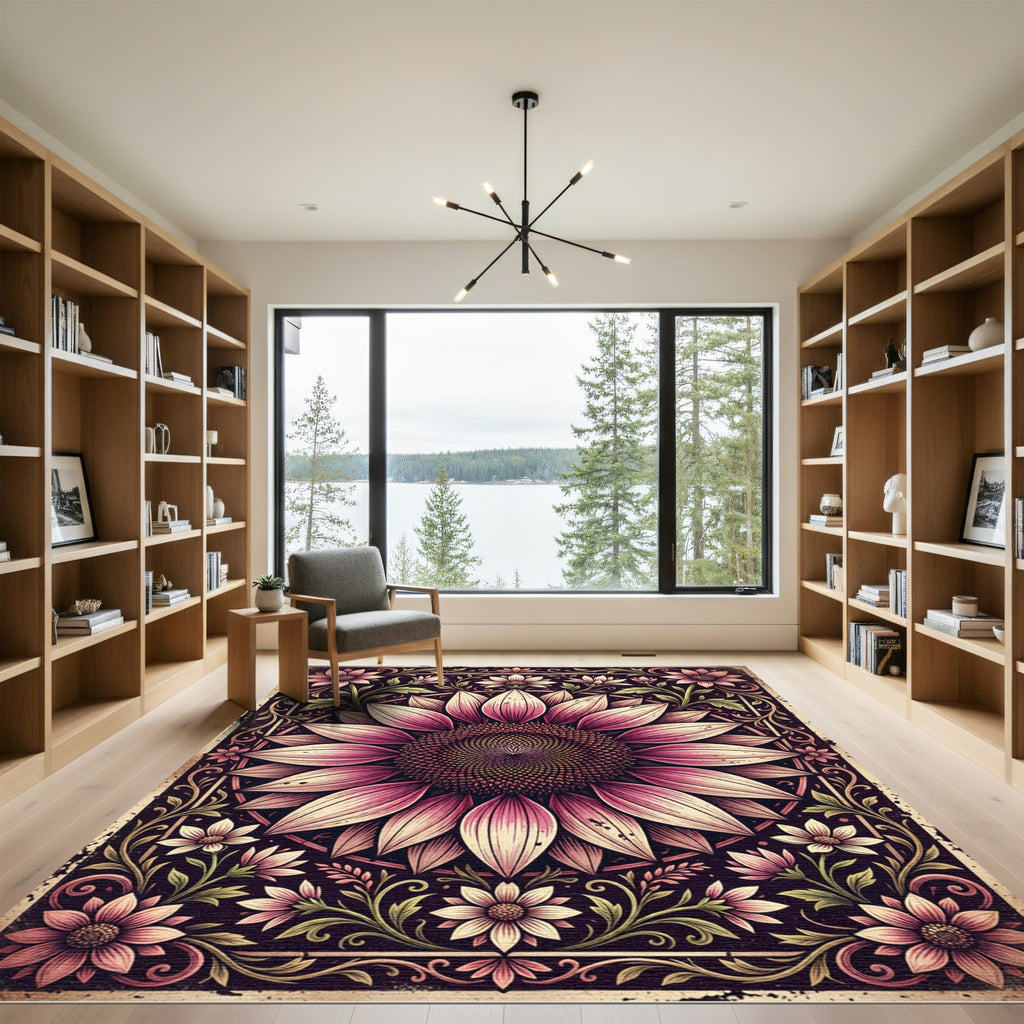 Vintage Pink Botanical Sunflower Medallion Rug