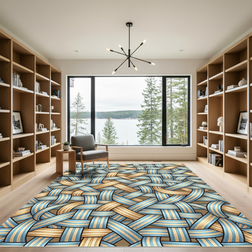 Woven Blue and Gold Interlocking Ribbon Rug