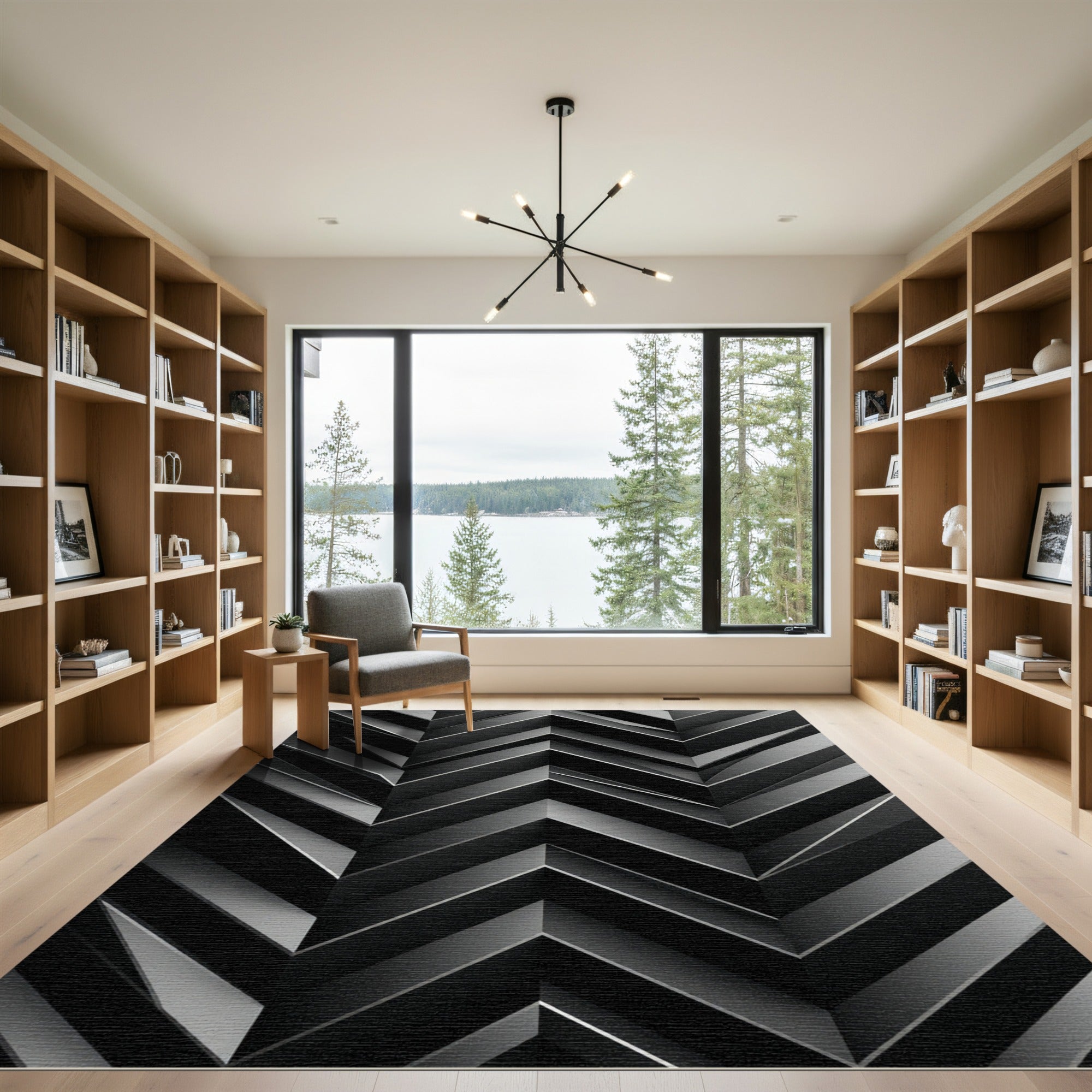 Monochrome Geometric Chevron Abstract Rug
