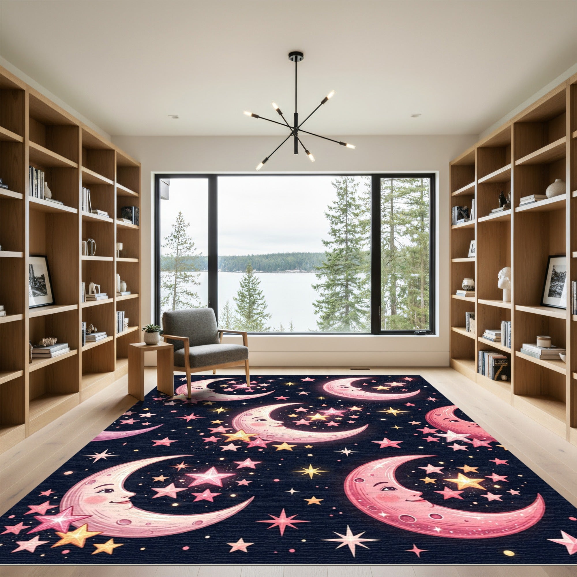 Whimsical Pink Crescent Moon Starry Rug
