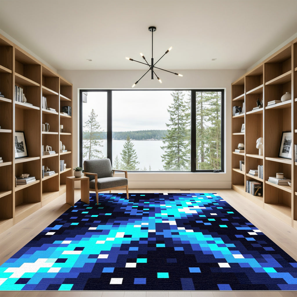 Electric Blue Abstract Pixel Art Galaxy Rug