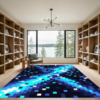 Electric Blue Abstract Pixel Art Galaxy Rug