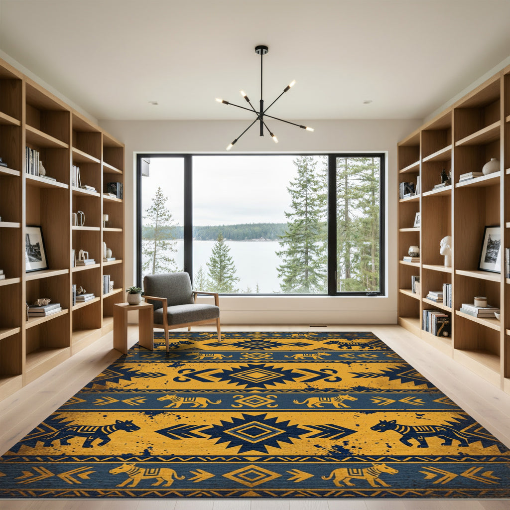Tribal Yellow Blue Horse Band 6 Words Rug
