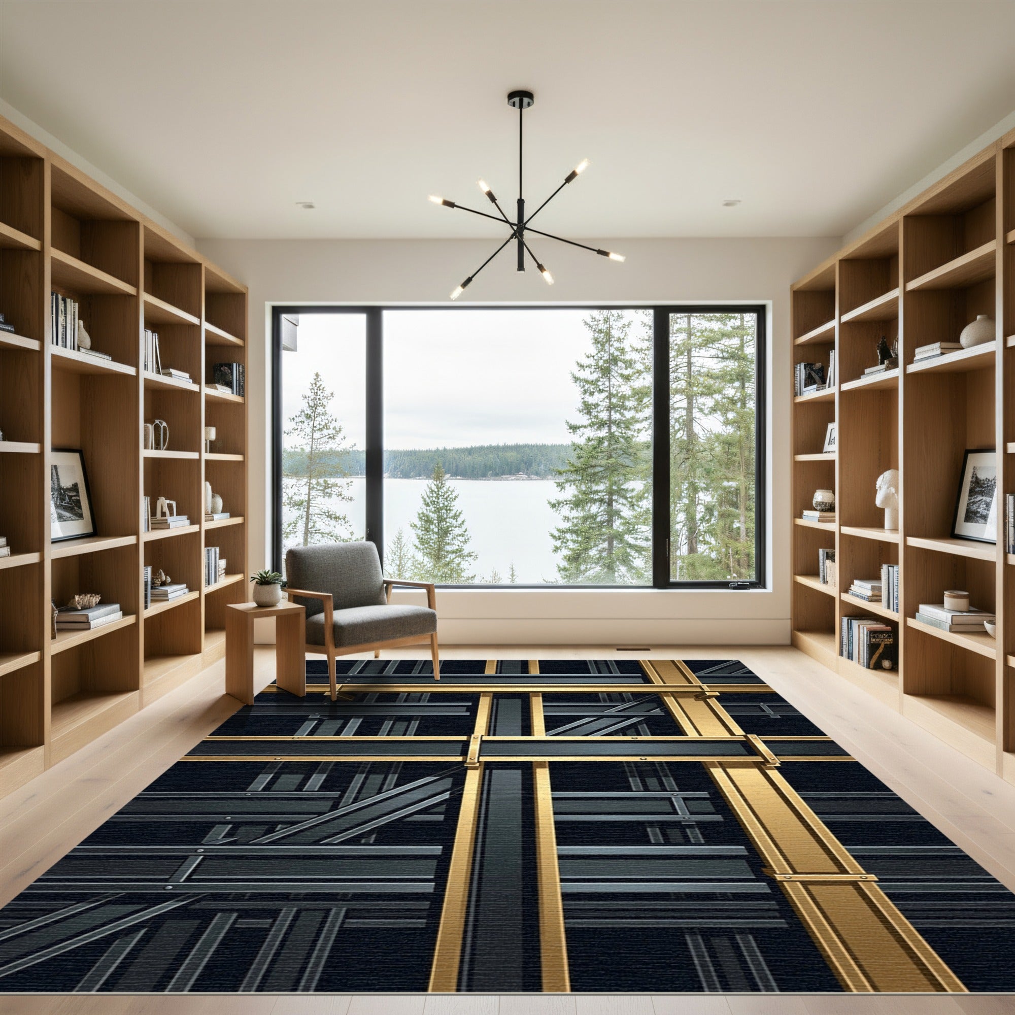 Industrial Gold Bronze Beam Grid Rug