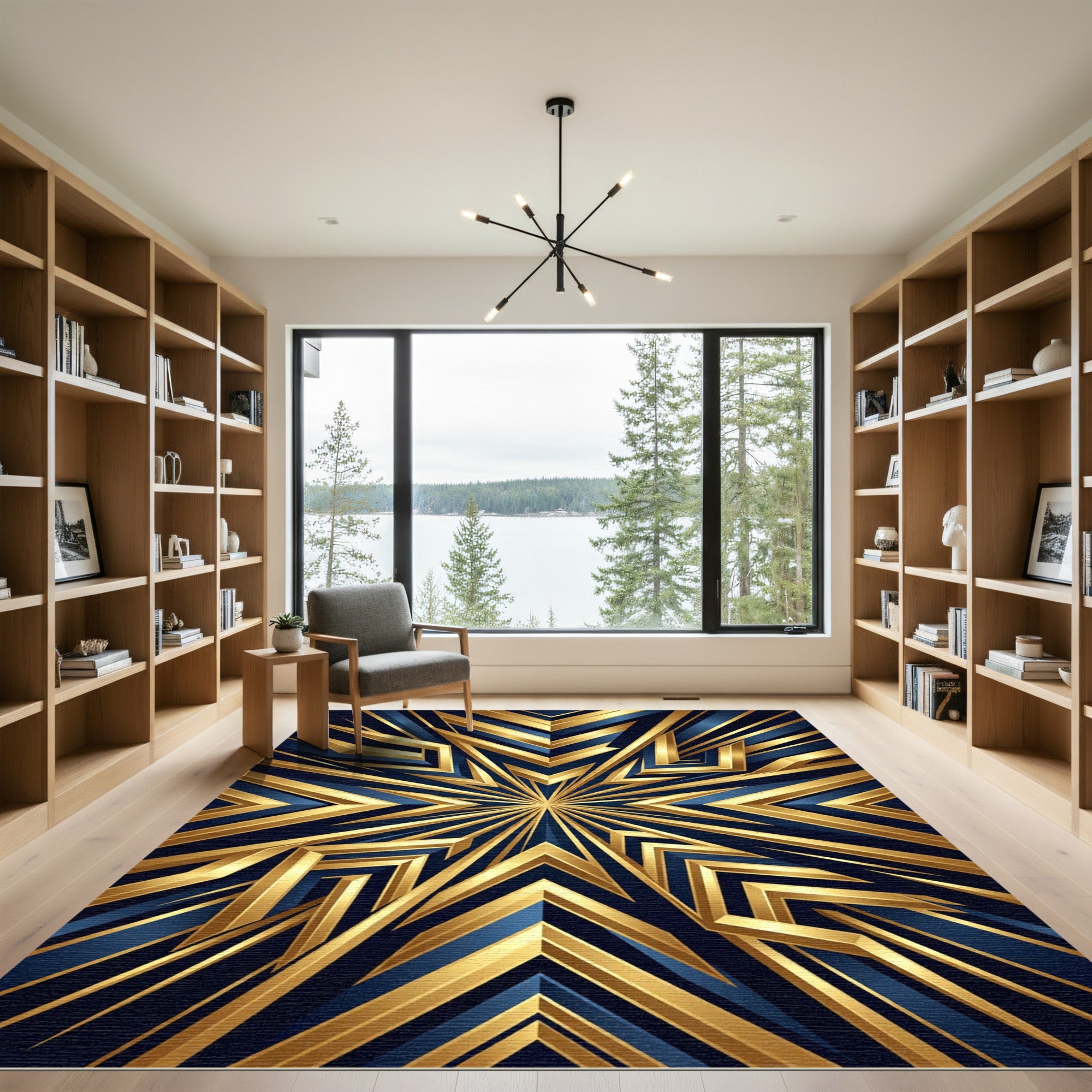 Golden Geometric Starburst Navy Accents Rug