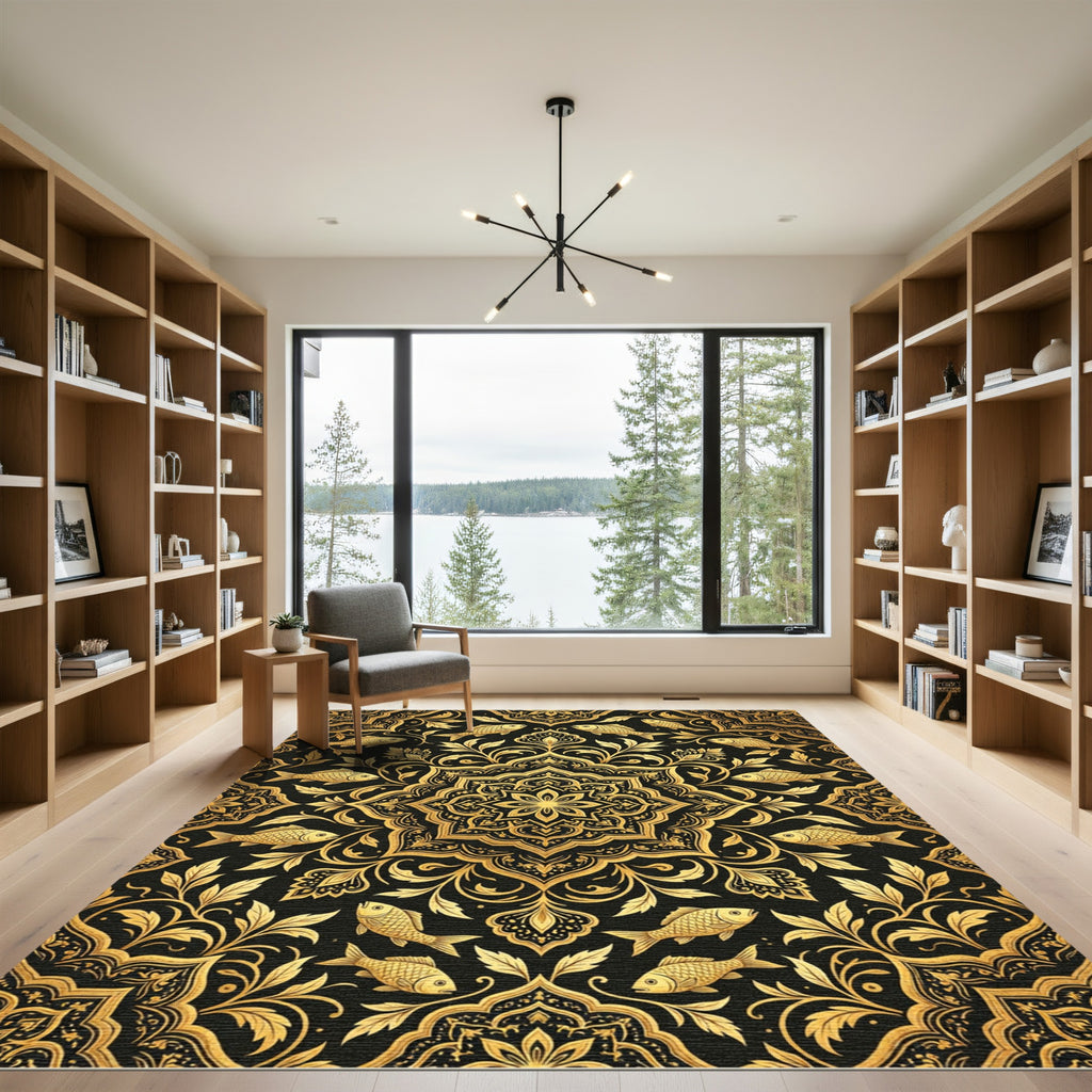 Golden Koi Fish Ornate Mandala Swirl Rug