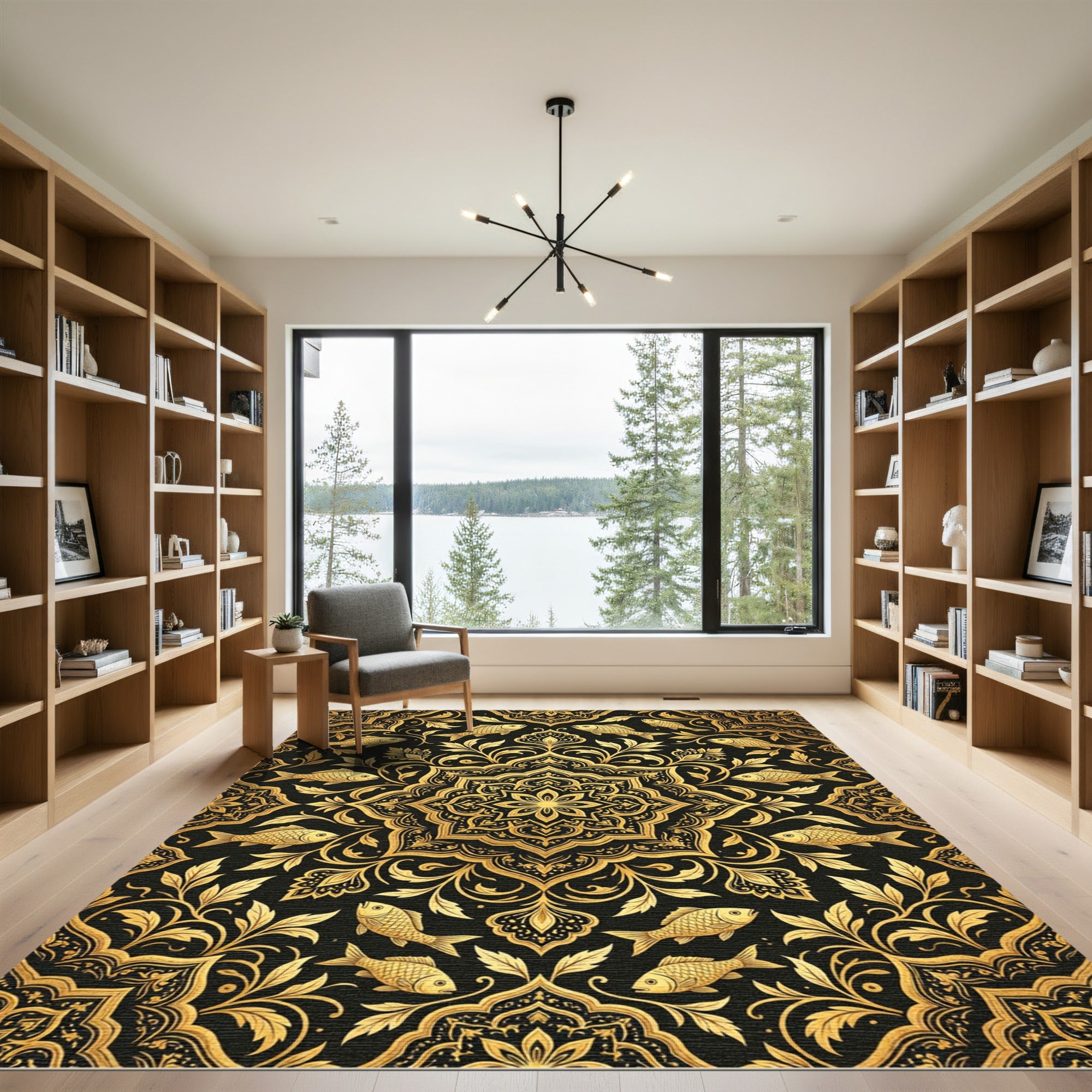 Golden Koi Fish Ornate Mandala Swirl Rug