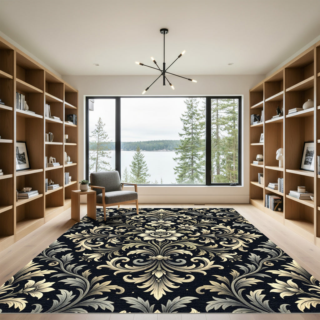 Elegant Cream Floral Damask Black Backdrop Rug