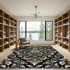 Elegant Cream Floral Damask Black Backdrop Rug
