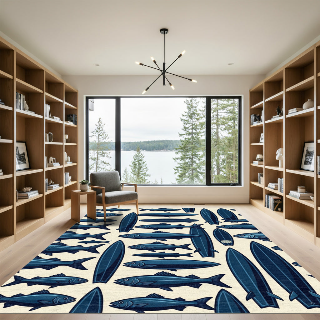 Navy Blue Nautical Fish Surfboard Art Rug