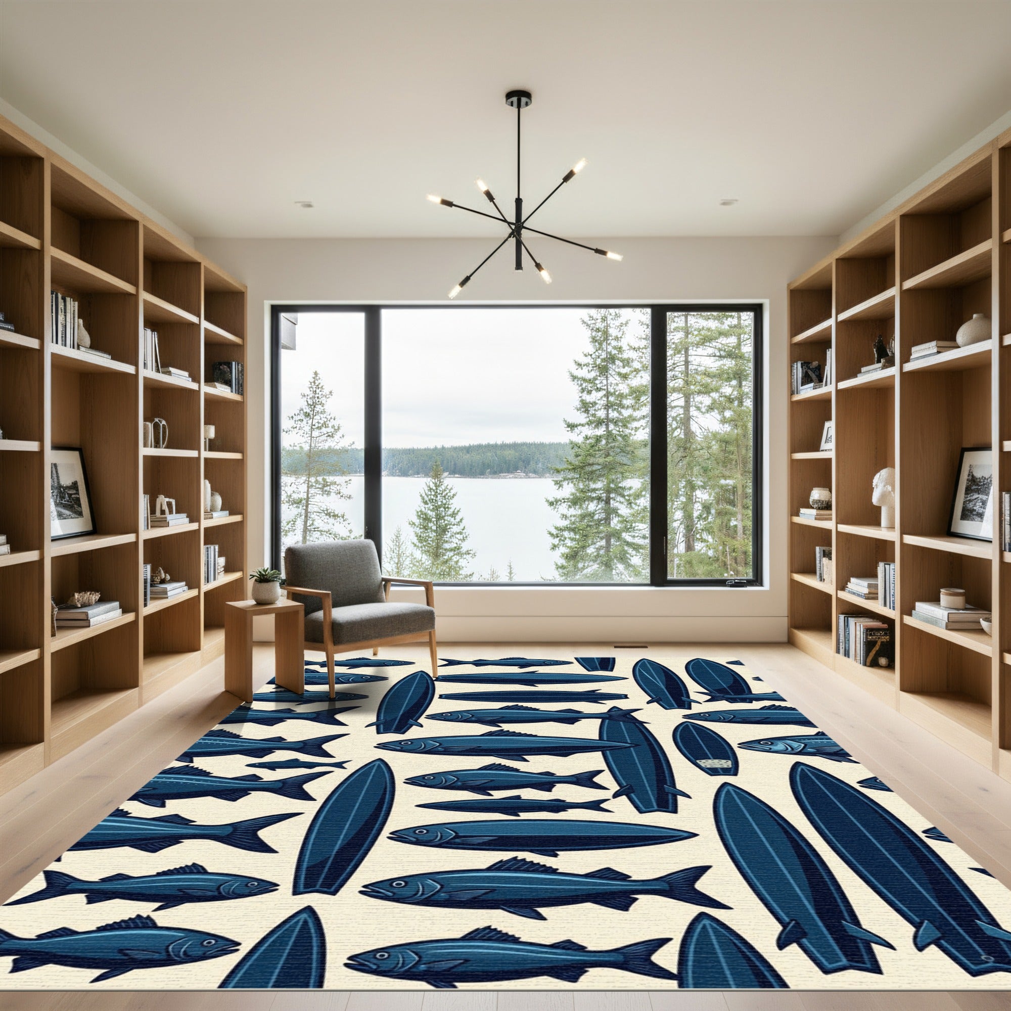 Navy Blue Nautical Fish Surfboard Art Rug