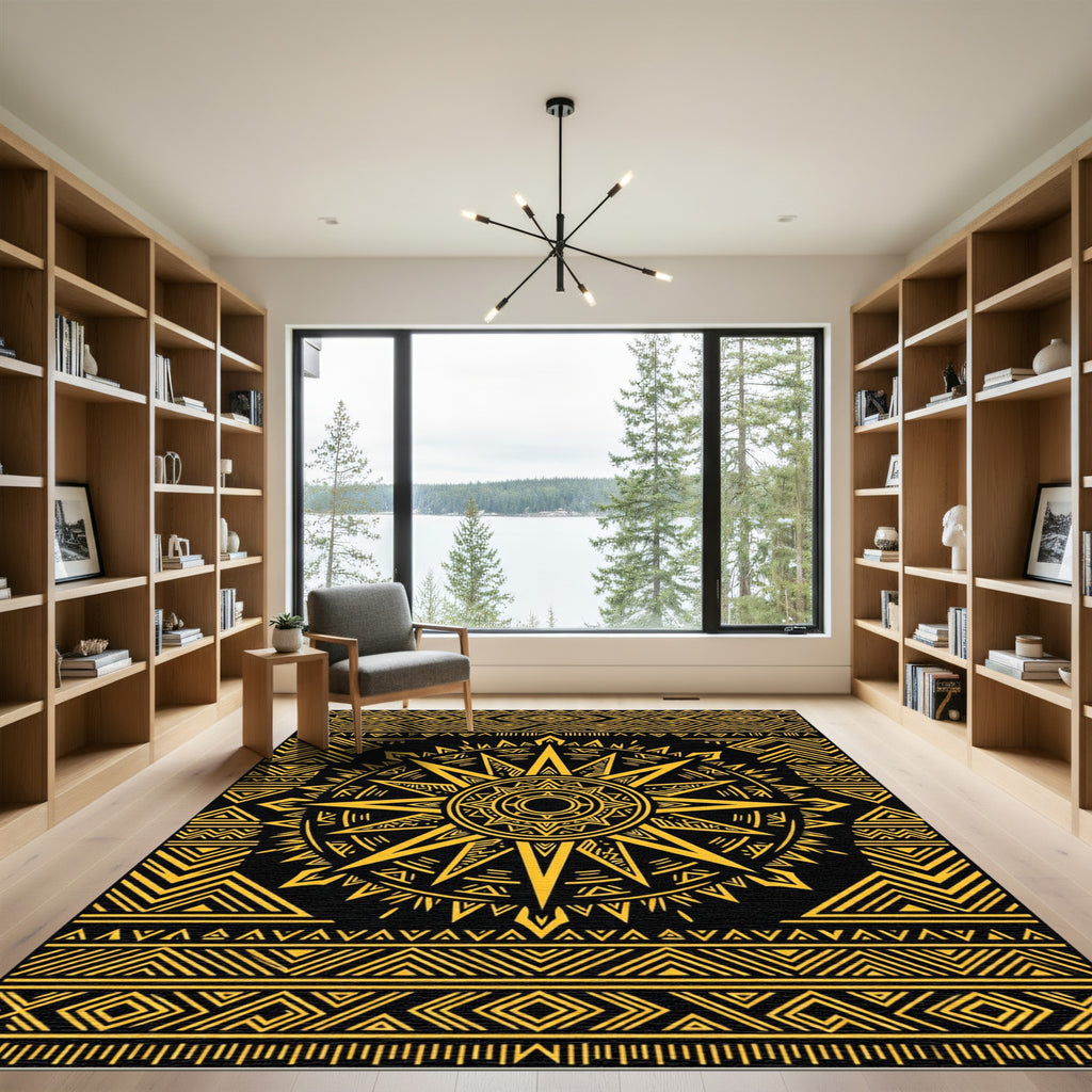 Golden Sunburst Geometric Ethnic Art Rug