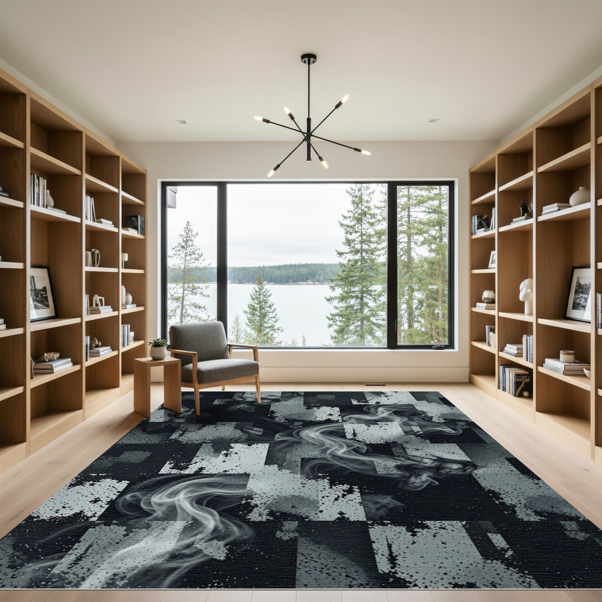 Smoky Monochrome Abstract Checked Tile Rug
