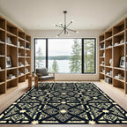 Ornate Beige Black Geometric Star Medallion Rug