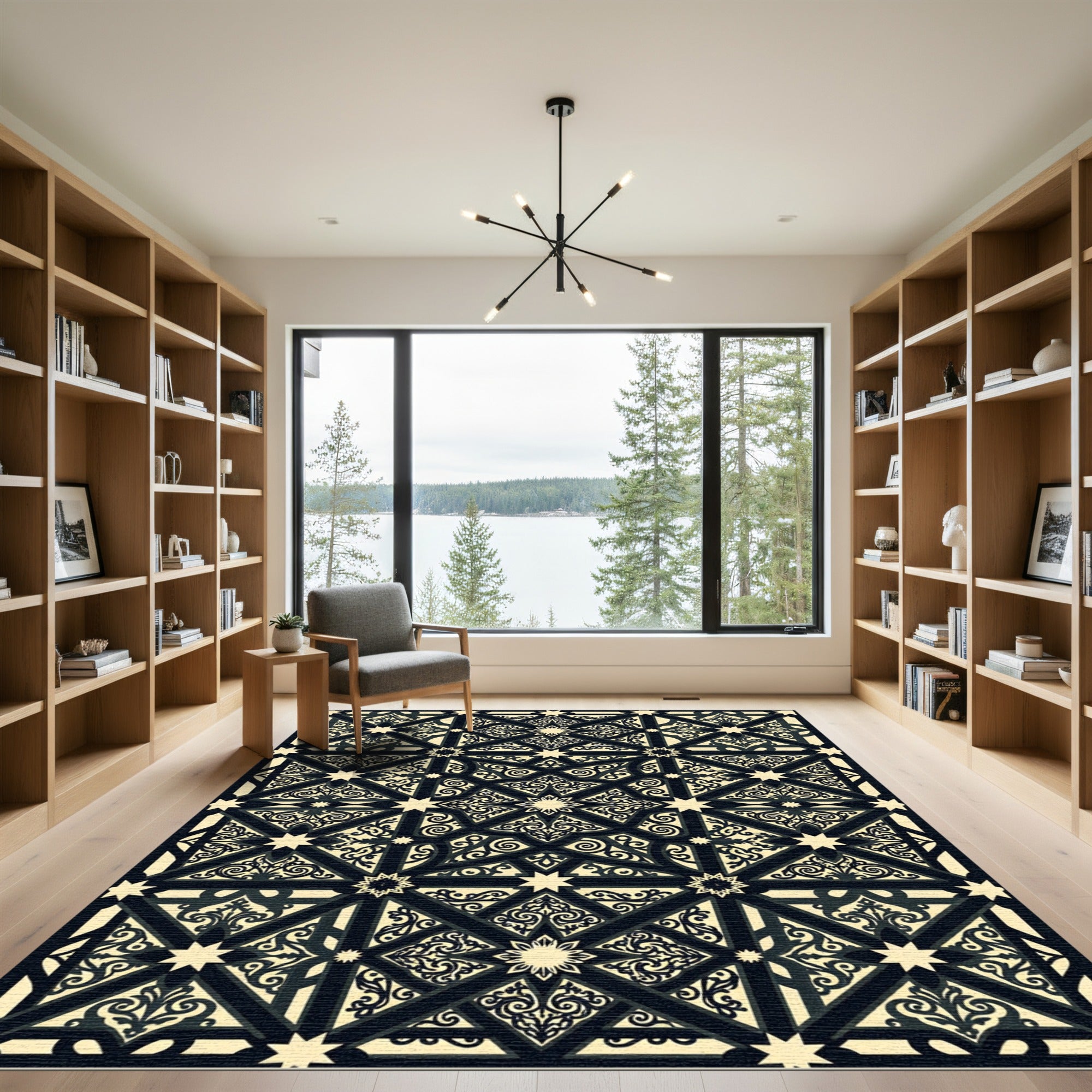 Ornate Beige Black Geometric Star Medallion Rug