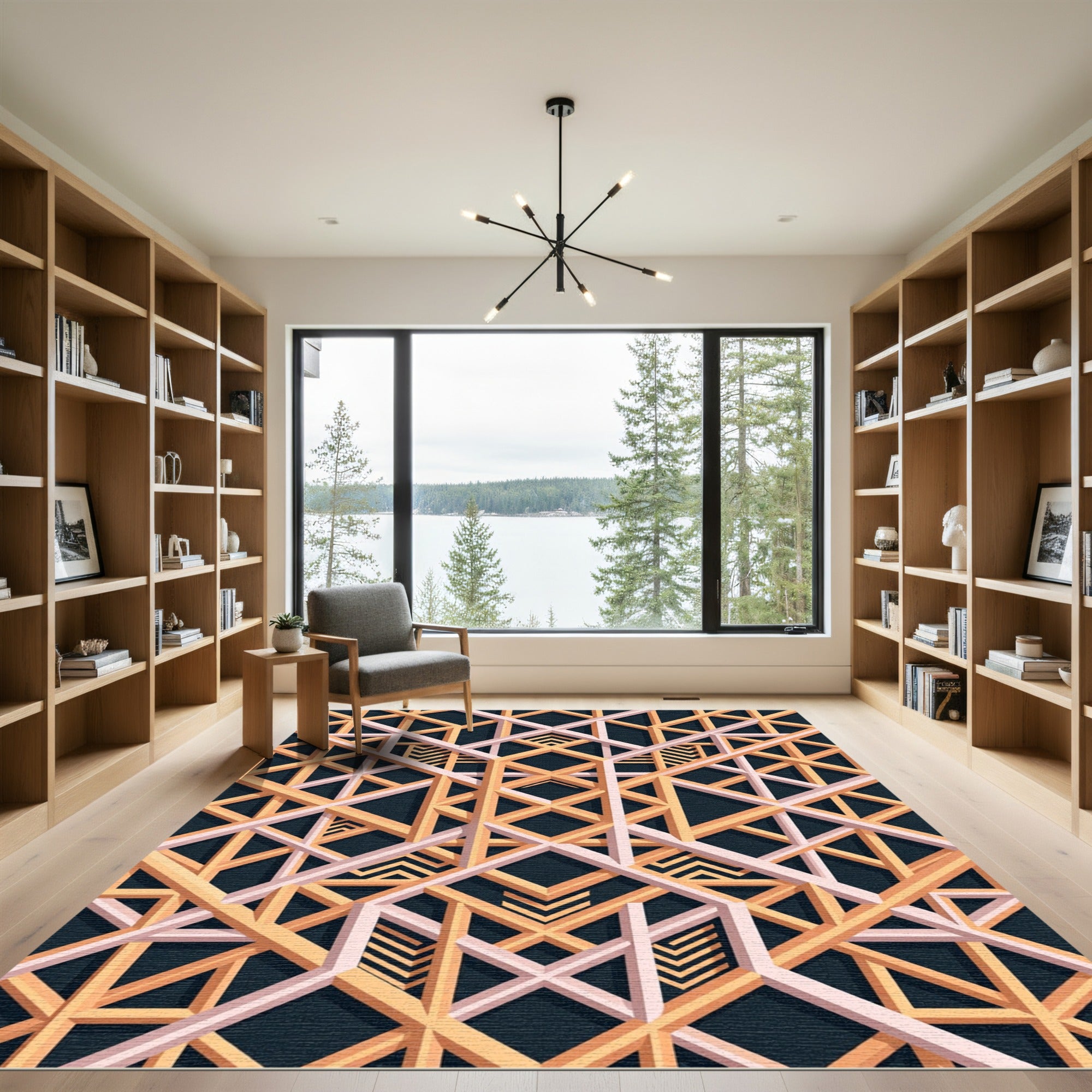 Art Deco Geometric Gold Charcoal Lattice Rug