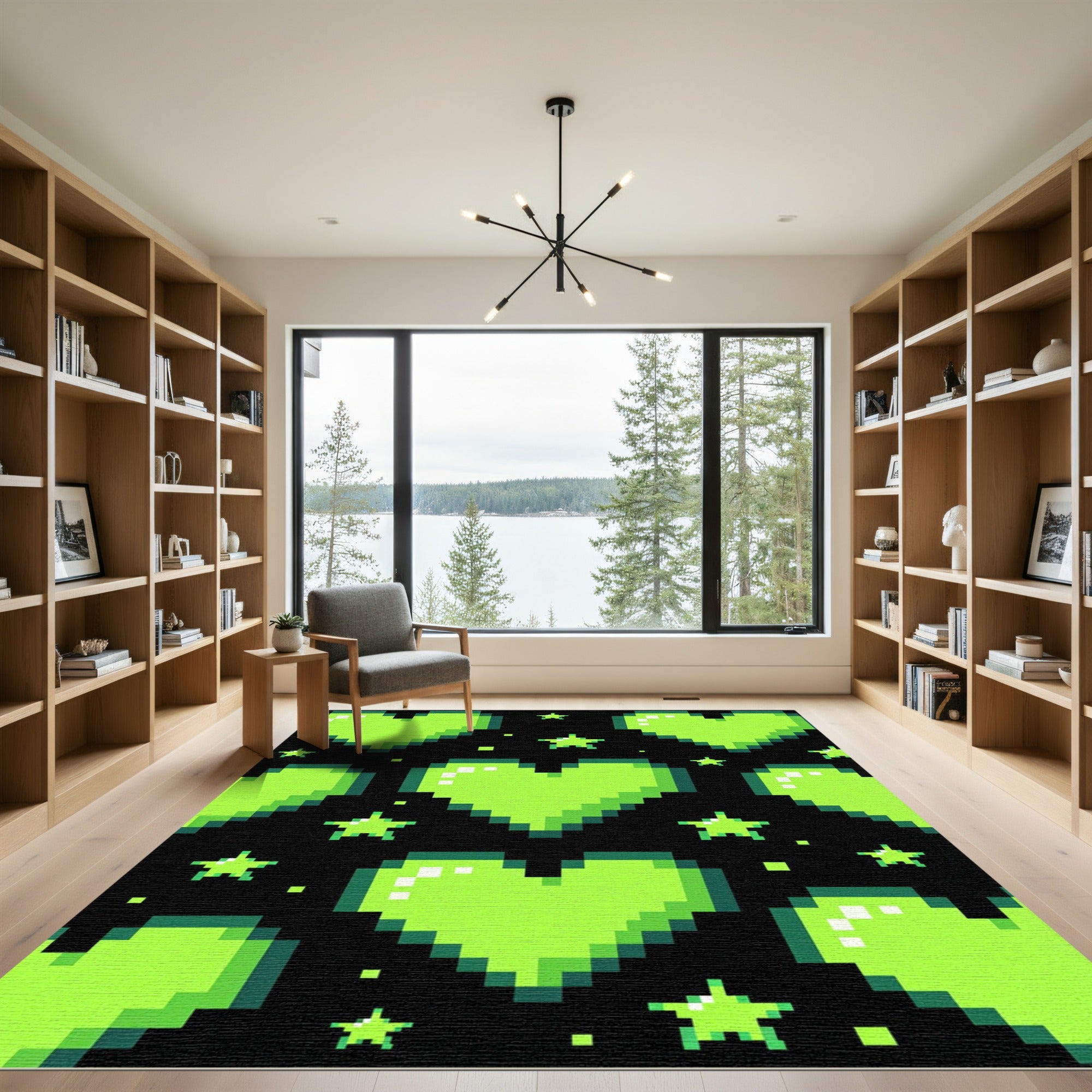 Neon Green Pixel Heart Star Aura Rug