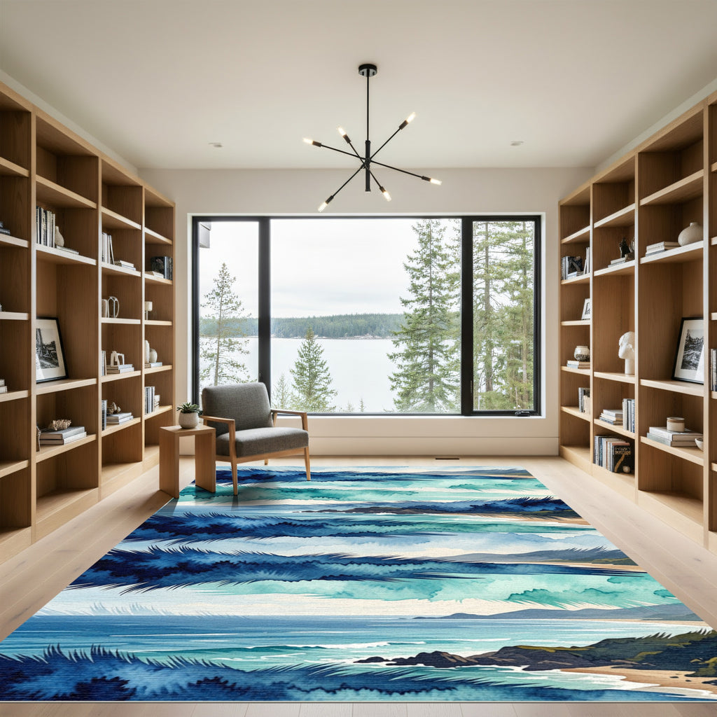 Watercolor Coastal Blue Abstract Wave Imagery Rug