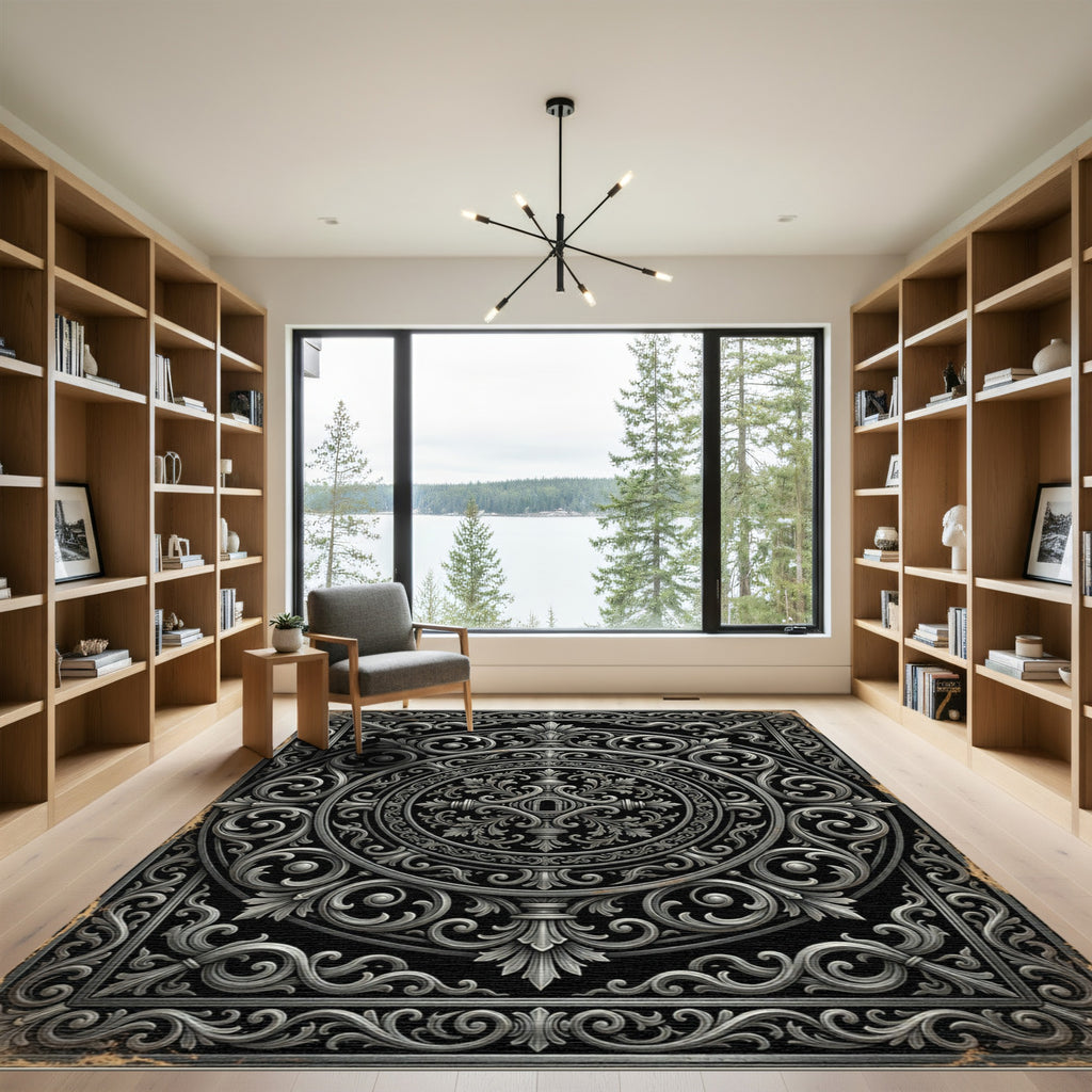 Ornate Silver Baroque Filigree Medallion Rug